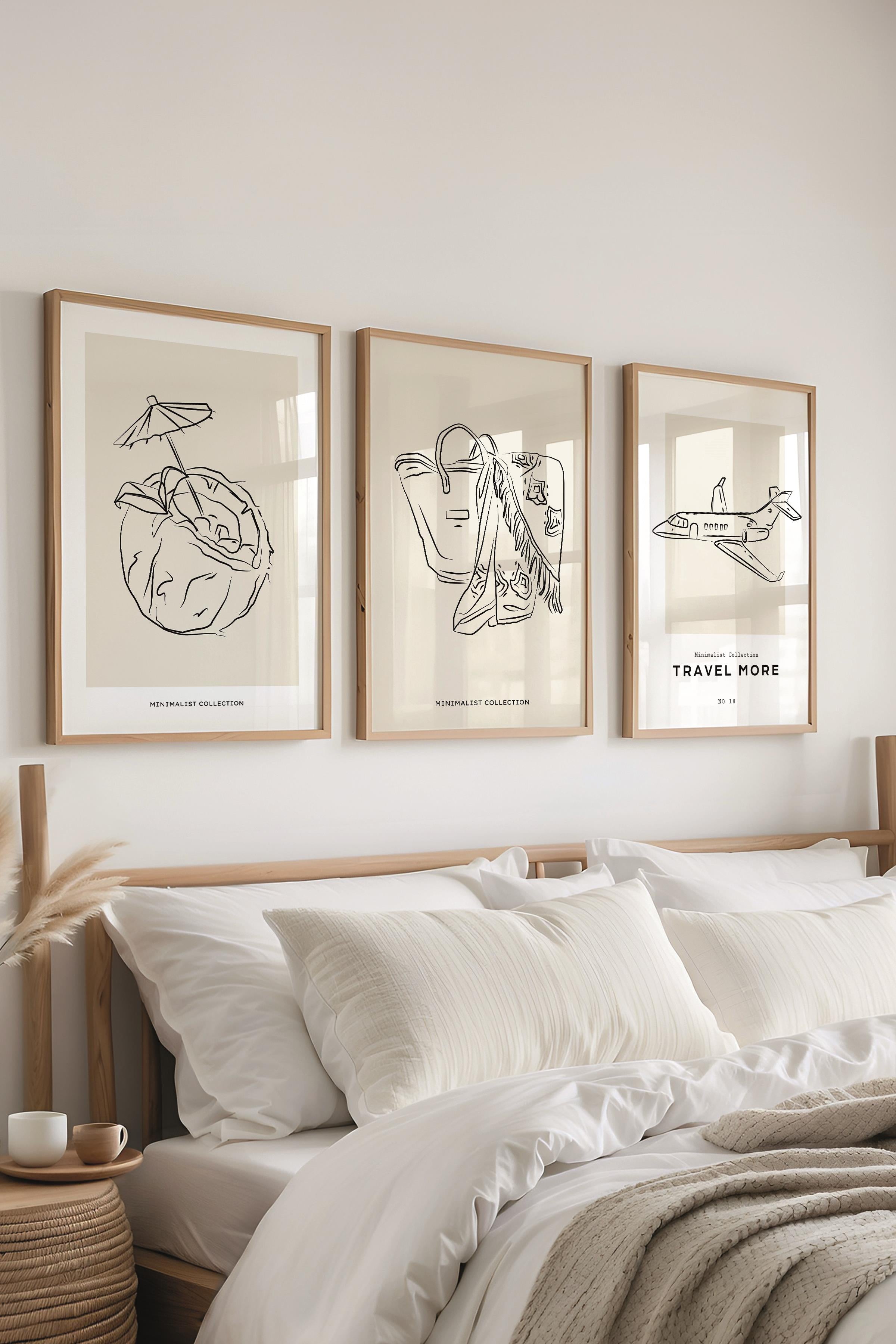 Çerçeveli Tablo Seti, 3 Adet Ahşap Çerçeve ve Minimalist Çizim Temalı Poster Seti, No:300540