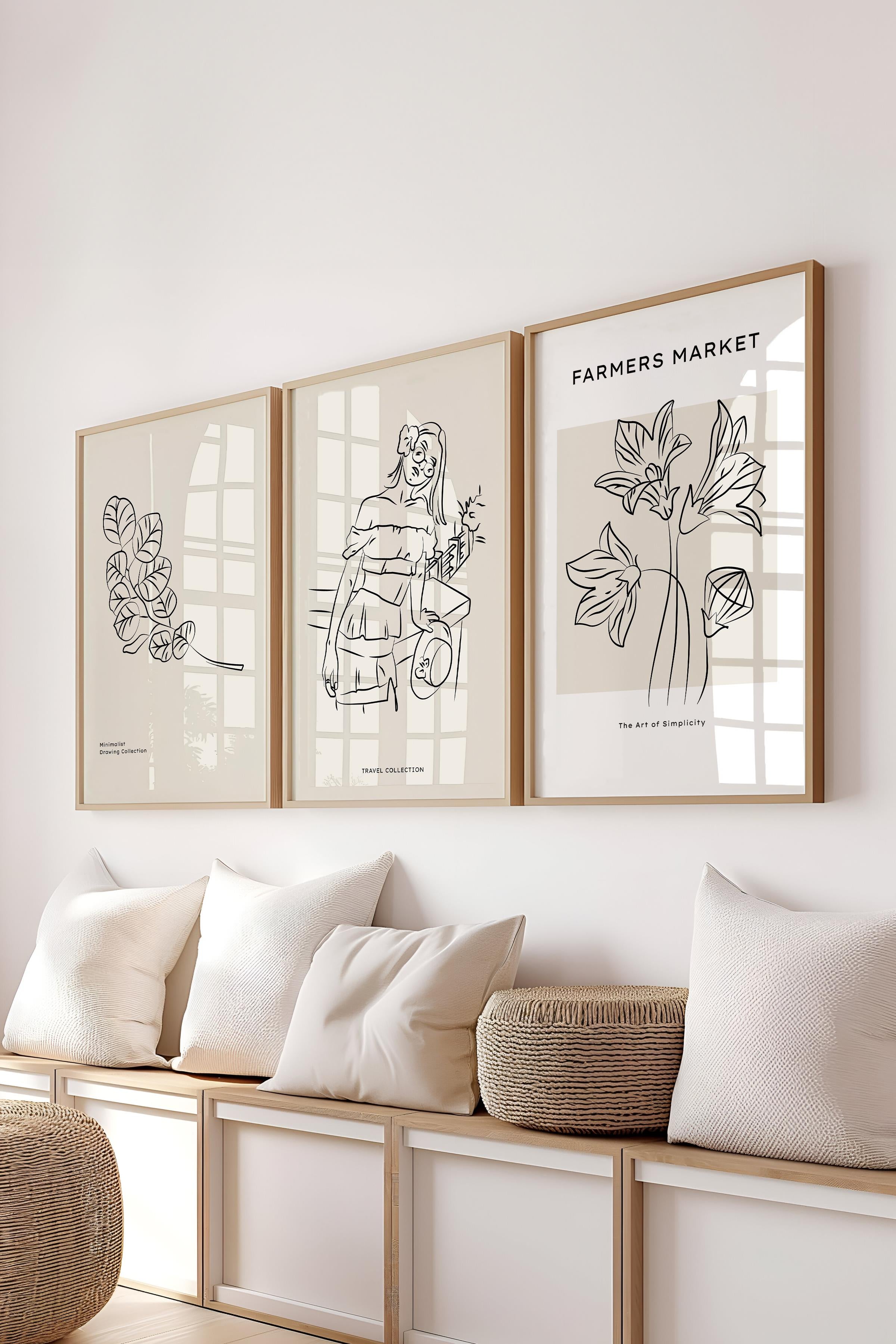 Çerçeveli Tablo Seti, 3 Adet Ahşap Çerçeve ve Minimalist Çizim Temalı Poster Seti, No:300541