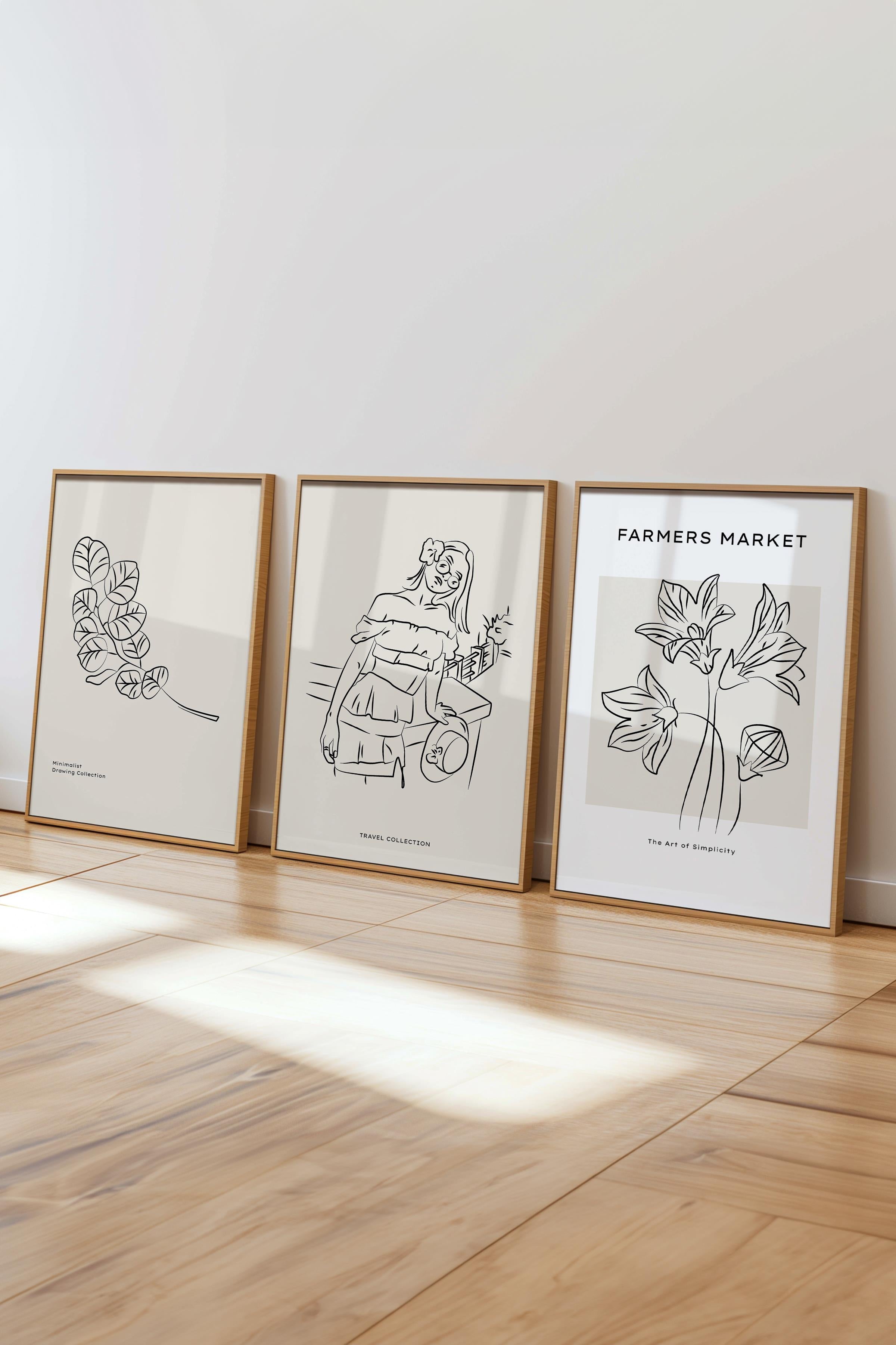 Çerçeveli Tablo Seti, 3 Adet Ahşap Çerçeve ve Minimalist Çizim Temalı Poster Seti, No:300541