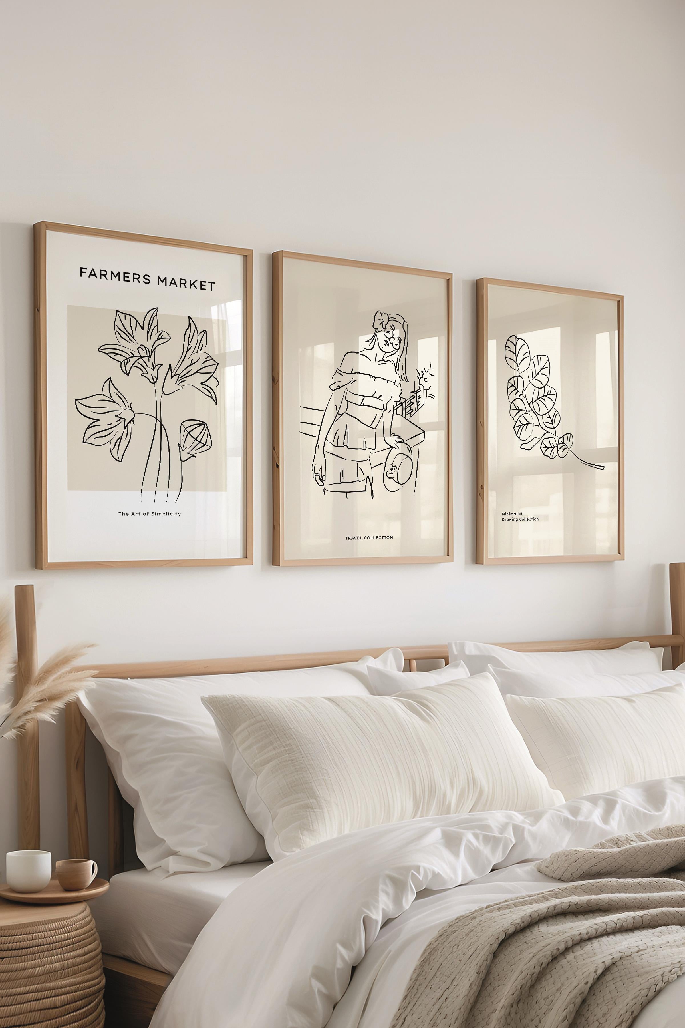 Çerçeveli Tablo Seti, 3 Adet Ahşap Çerçeve ve Minimalist Çizim Temalı Poster Seti, No:300541