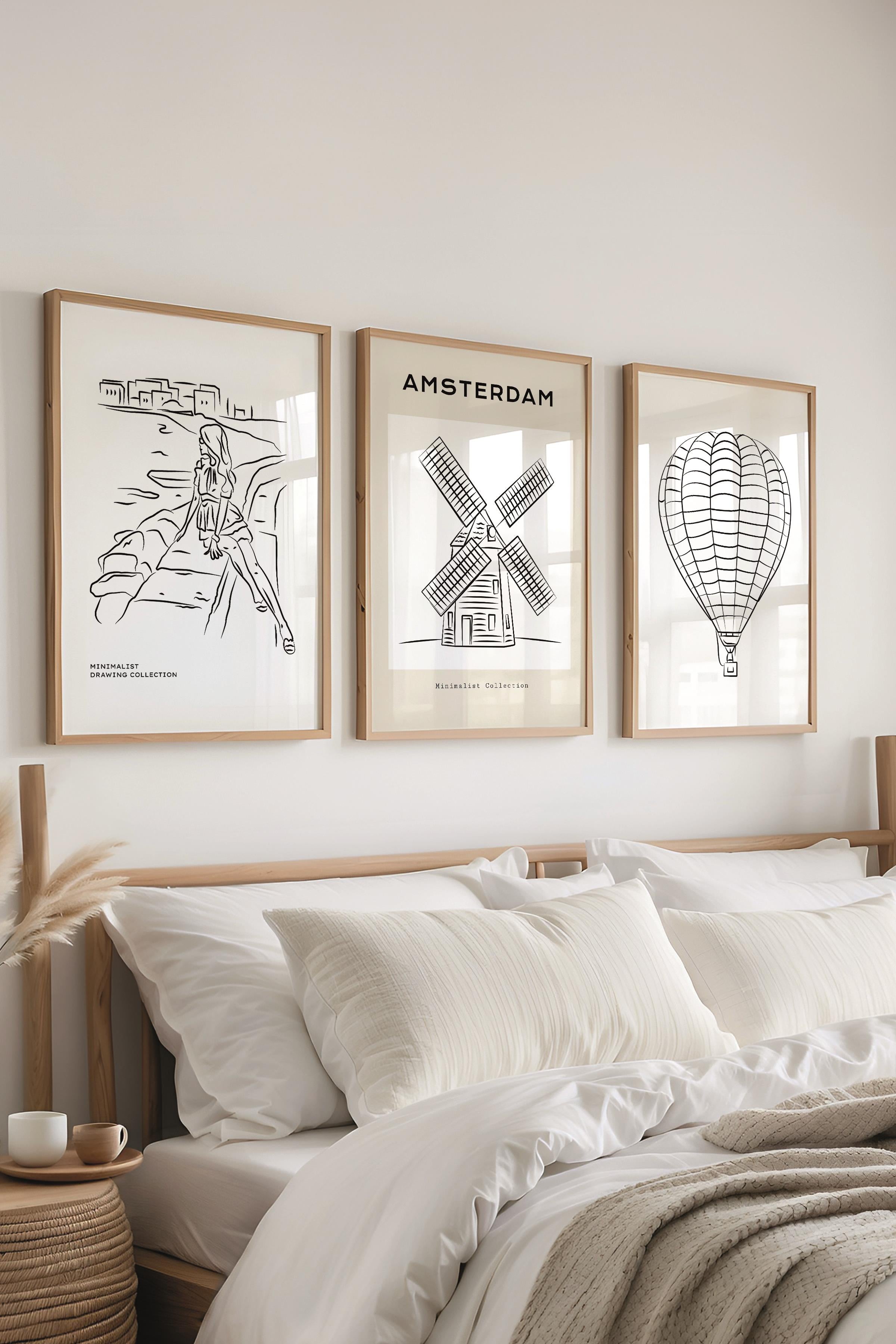 Çerçeveli Tablo Seti, 3 Adet Ahşap Çerçeve ve Minimalist Çizim Temalı Poster Seti, No:300542
