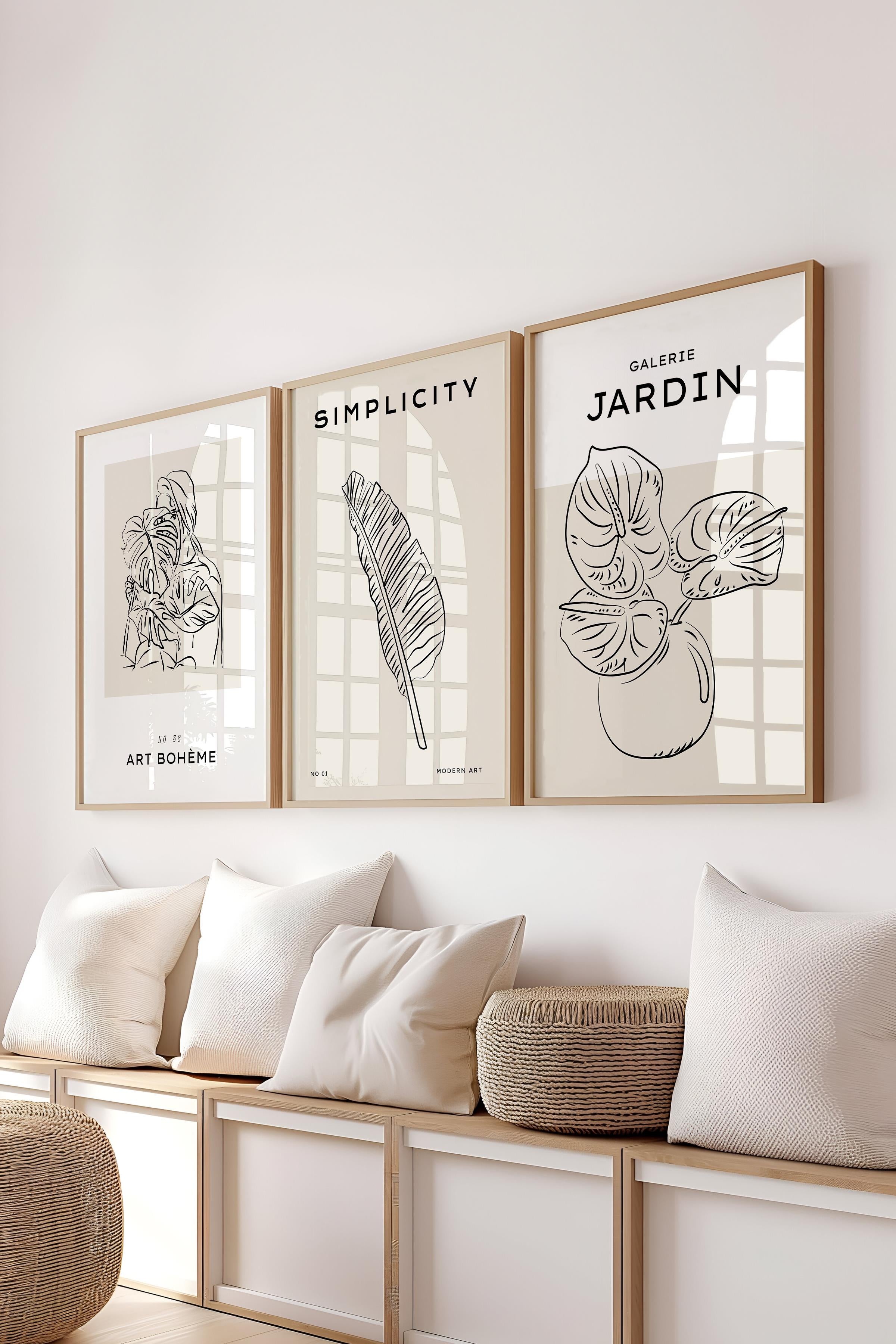 Çerçeveli Tablo Seti, 3 Adet Ahşap Çerçeve ve Minimalist Çizim Temalı Poster Seti, No:300543