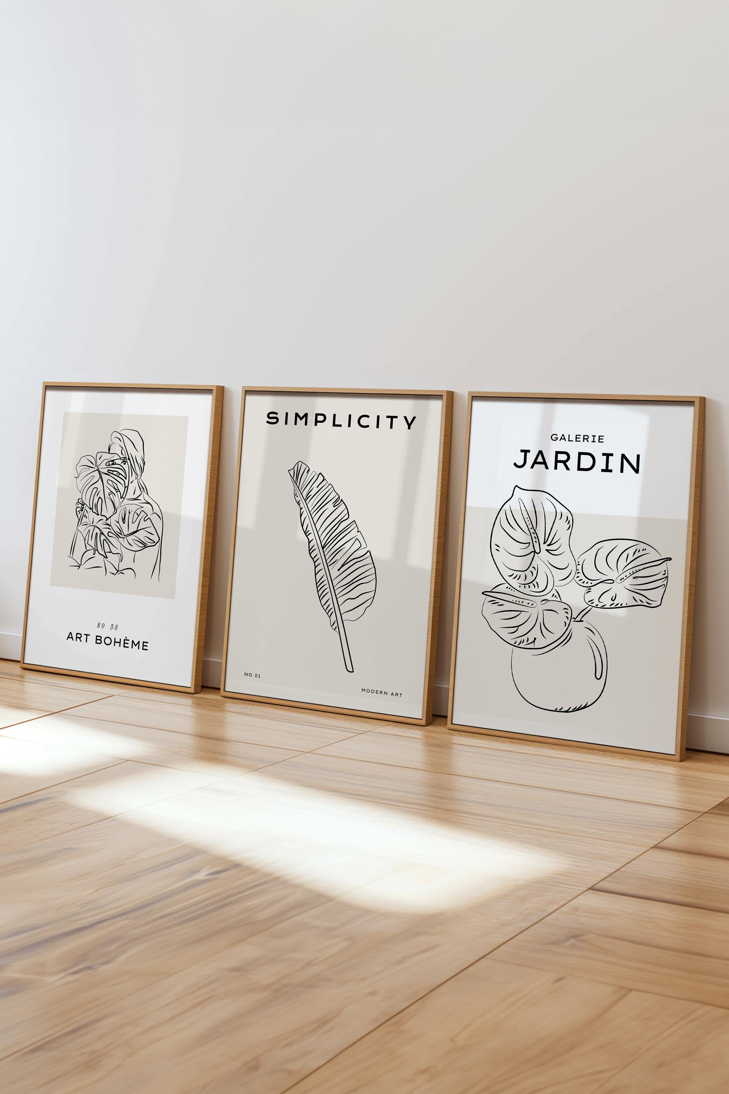 Çerçeveli Tablo Seti, 3 Adet Ahşap Çerçeve ve Minimalist Çizim Temalı Poster Seti, No:300543