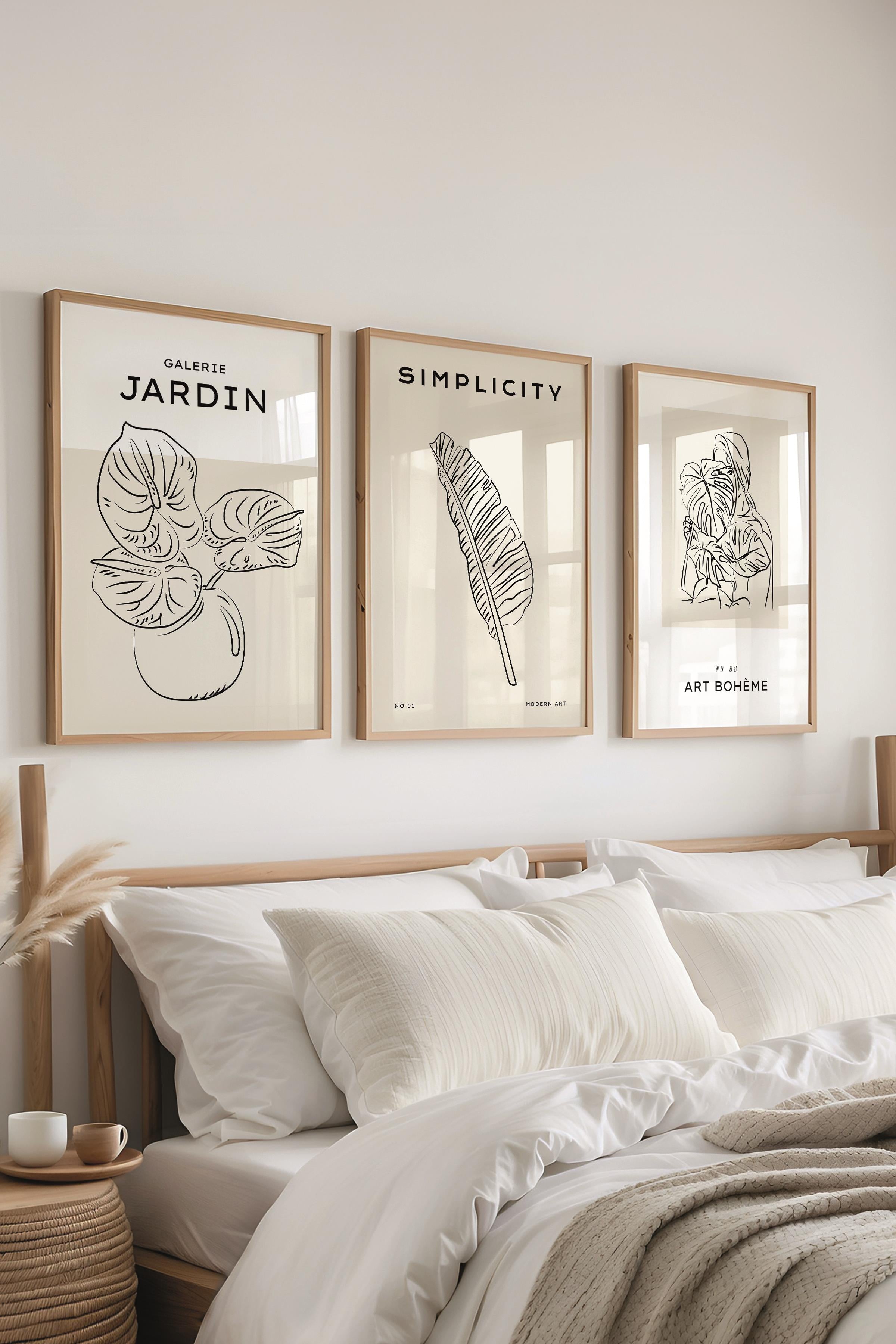 Çerçeveli Tablo Seti, 3 Adet Ahşap Çerçeve ve Minimalist Çizim Temalı Poster Seti, No:300543