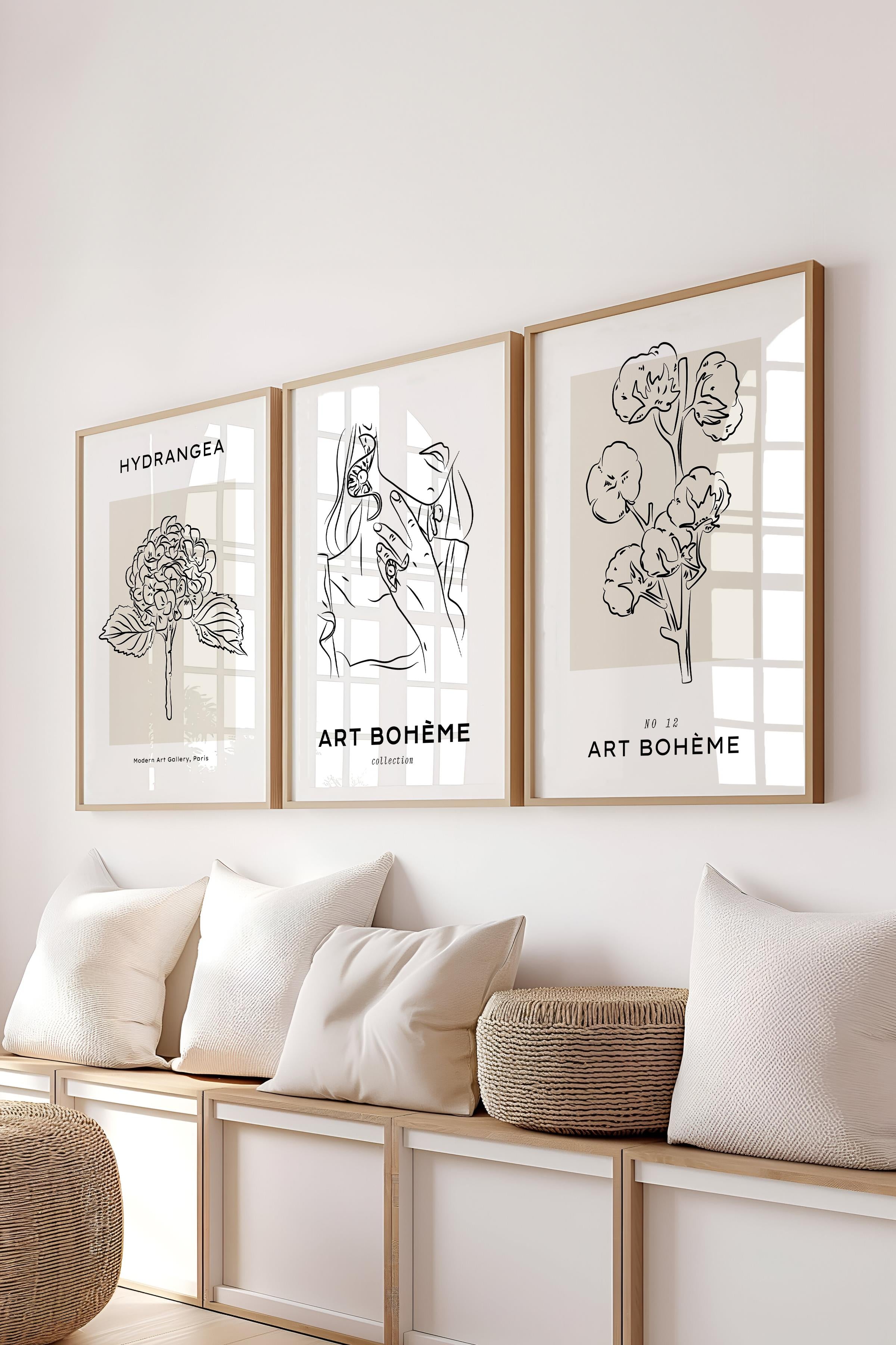 Çerçeveli Tablo Seti, 3 Adet Ahşap Çerçeve ve Minimalist Çizim Temalı Poster Seti, No:300545