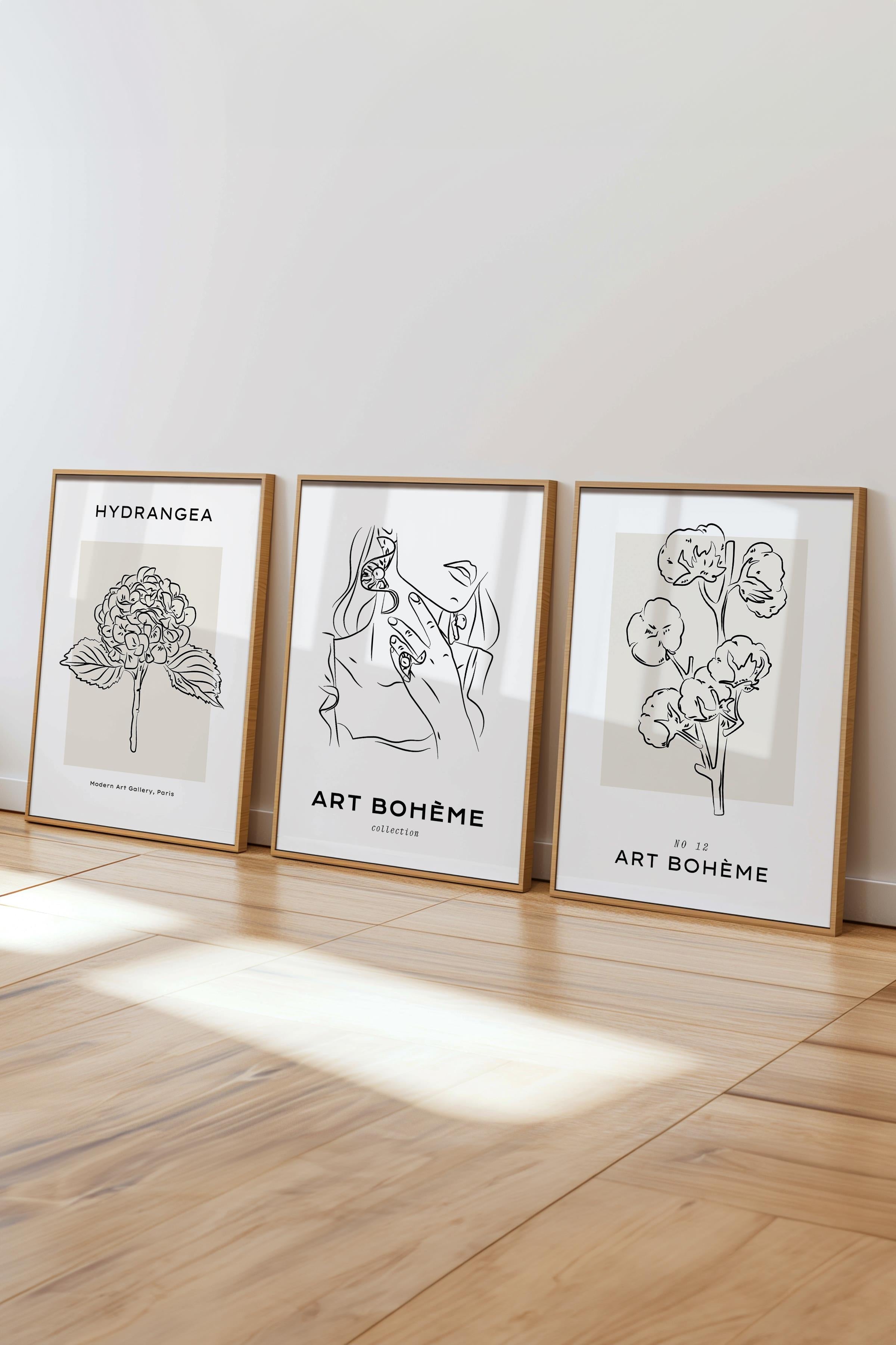 Çerçeveli Tablo Seti, 3 Adet Ahşap Çerçeve ve Minimalist Çizim Temalı Poster Seti, No:300545