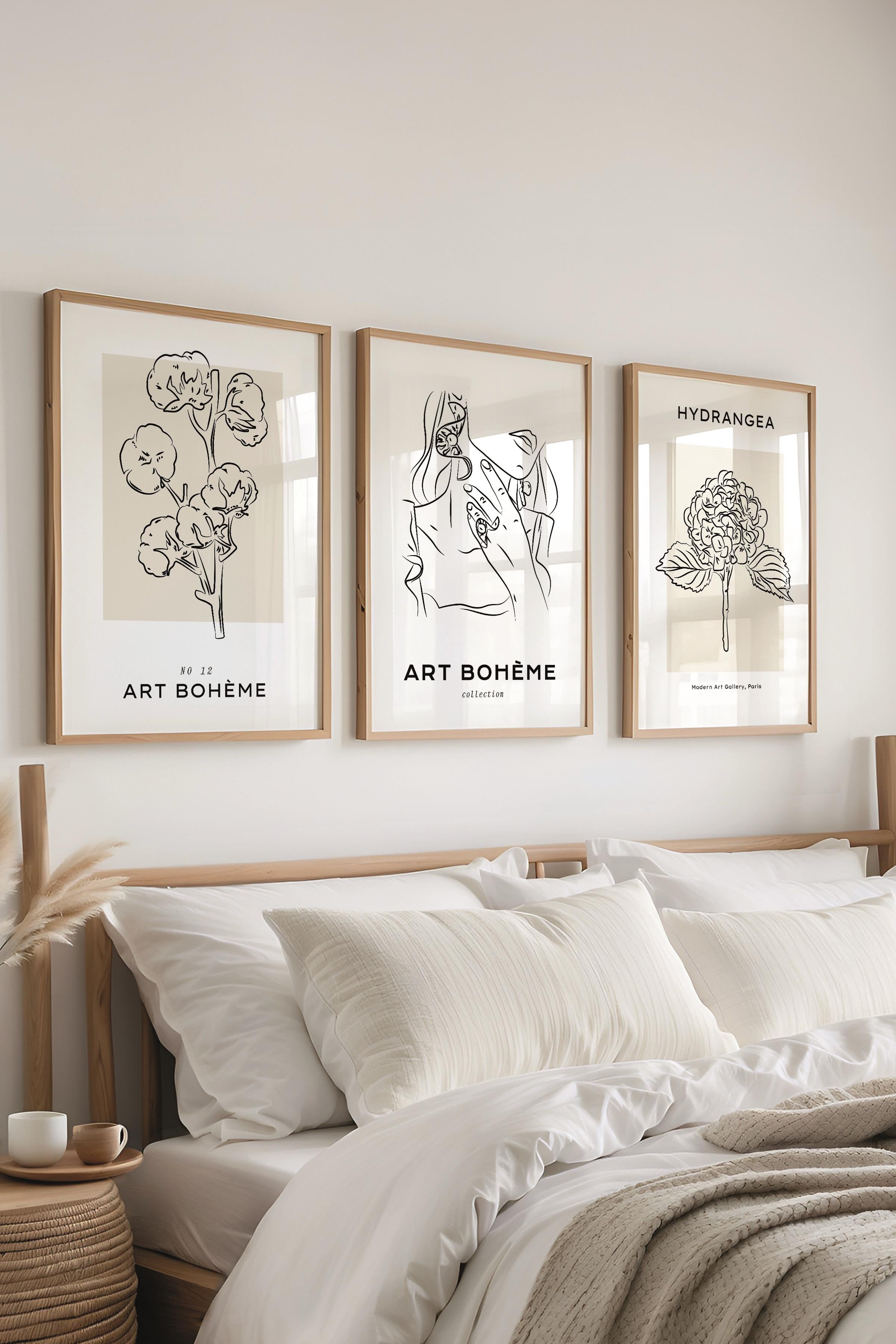 Çerçeveli Tablo Seti, 3 Adet Ahşap Çerçeve ve Minimalist Çizim Temalı Poster Seti, No:300545