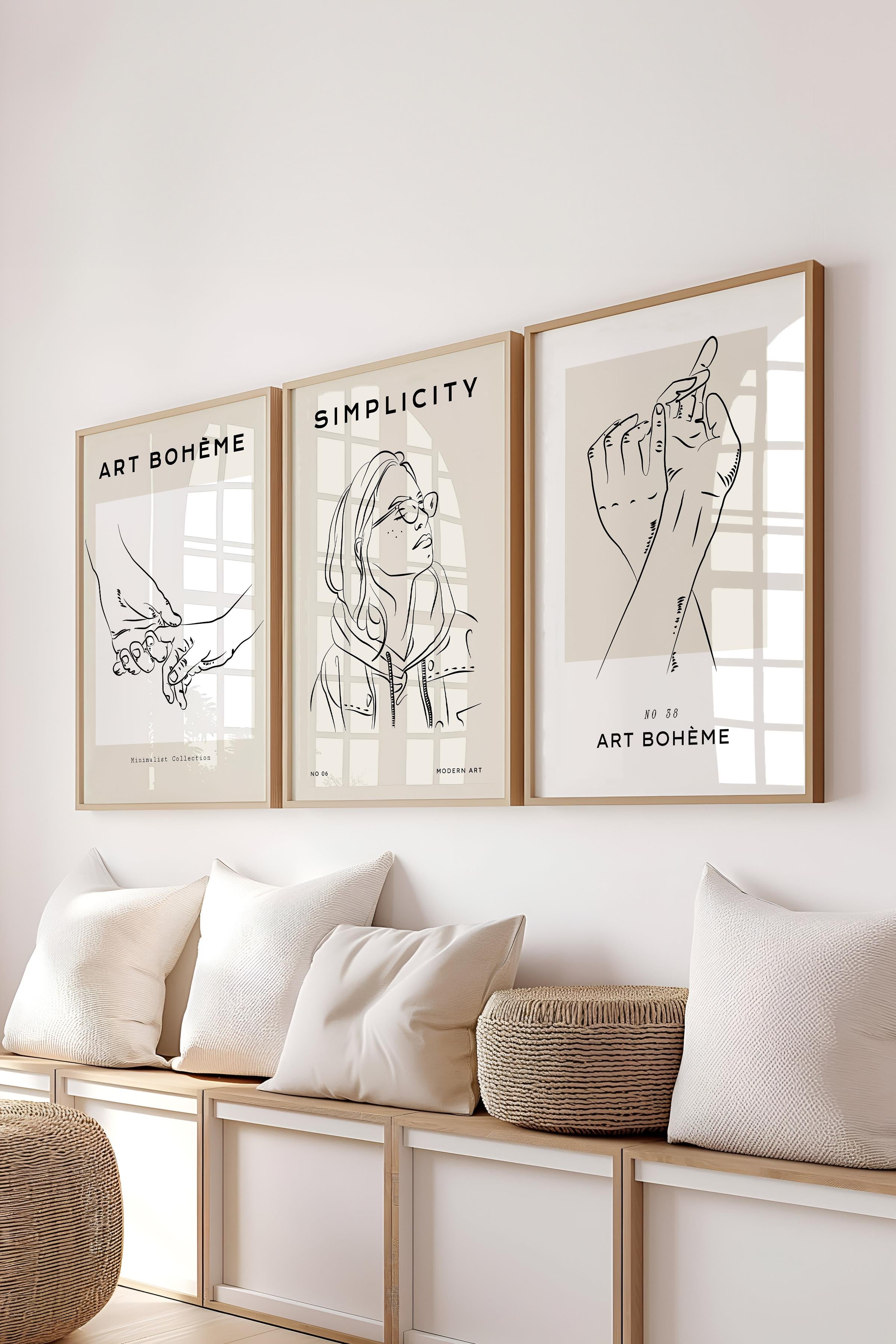 Çerçeveli Tablo Seti, 3 Adet Ahşap Çerçeve ve Minimalist Çizim Temalı Poster Seti, No:300546