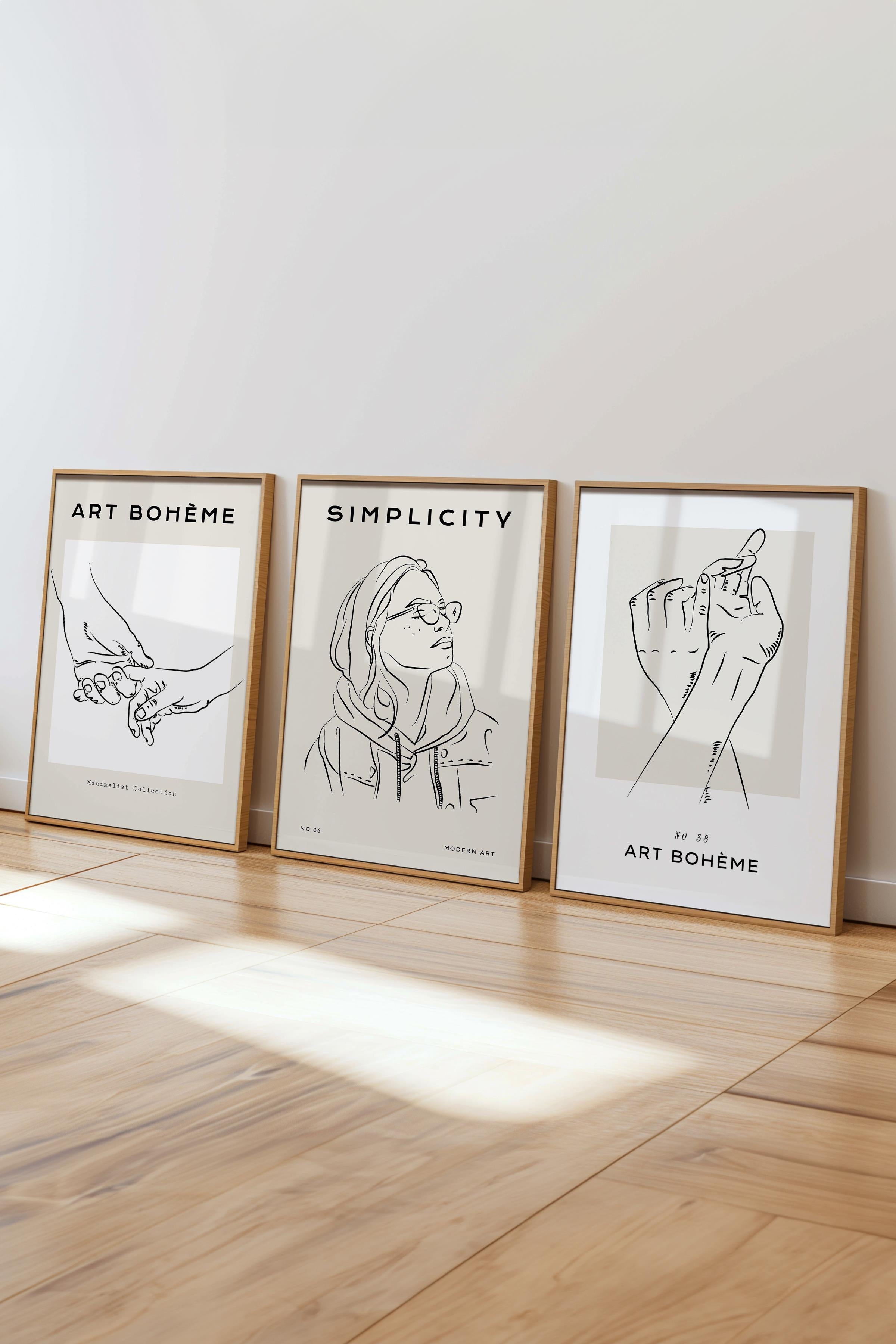 Çerçeveli Tablo Seti, 3 Adet Ahşap Çerçeve ve Minimalist Çizim Temalı Poster Seti, No:300546