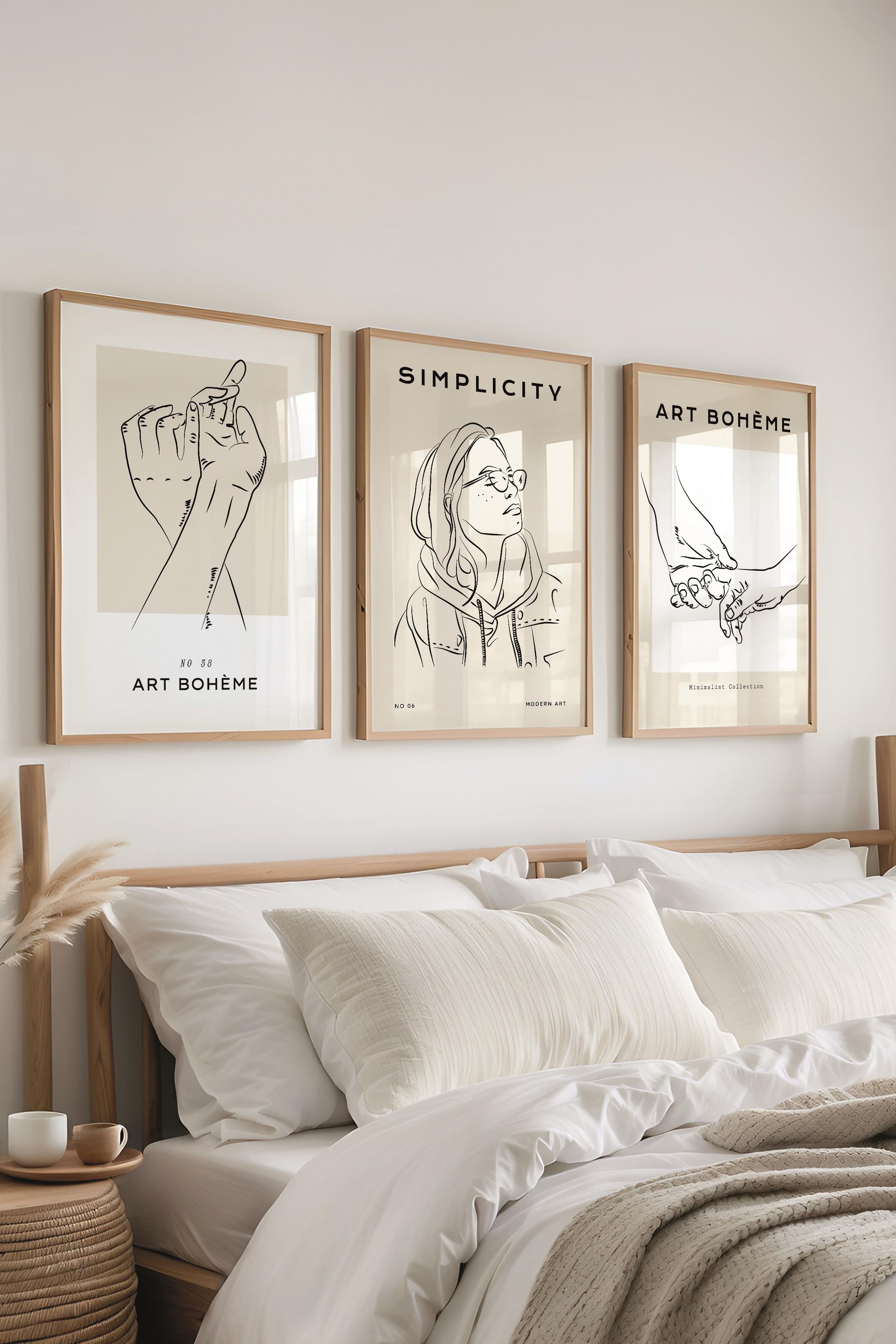 Çerçeveli Tablo Seti, 3 Adet Ahşap Çerçeve ve Minimalist Çizim Temalı Poster Seti, No:300546