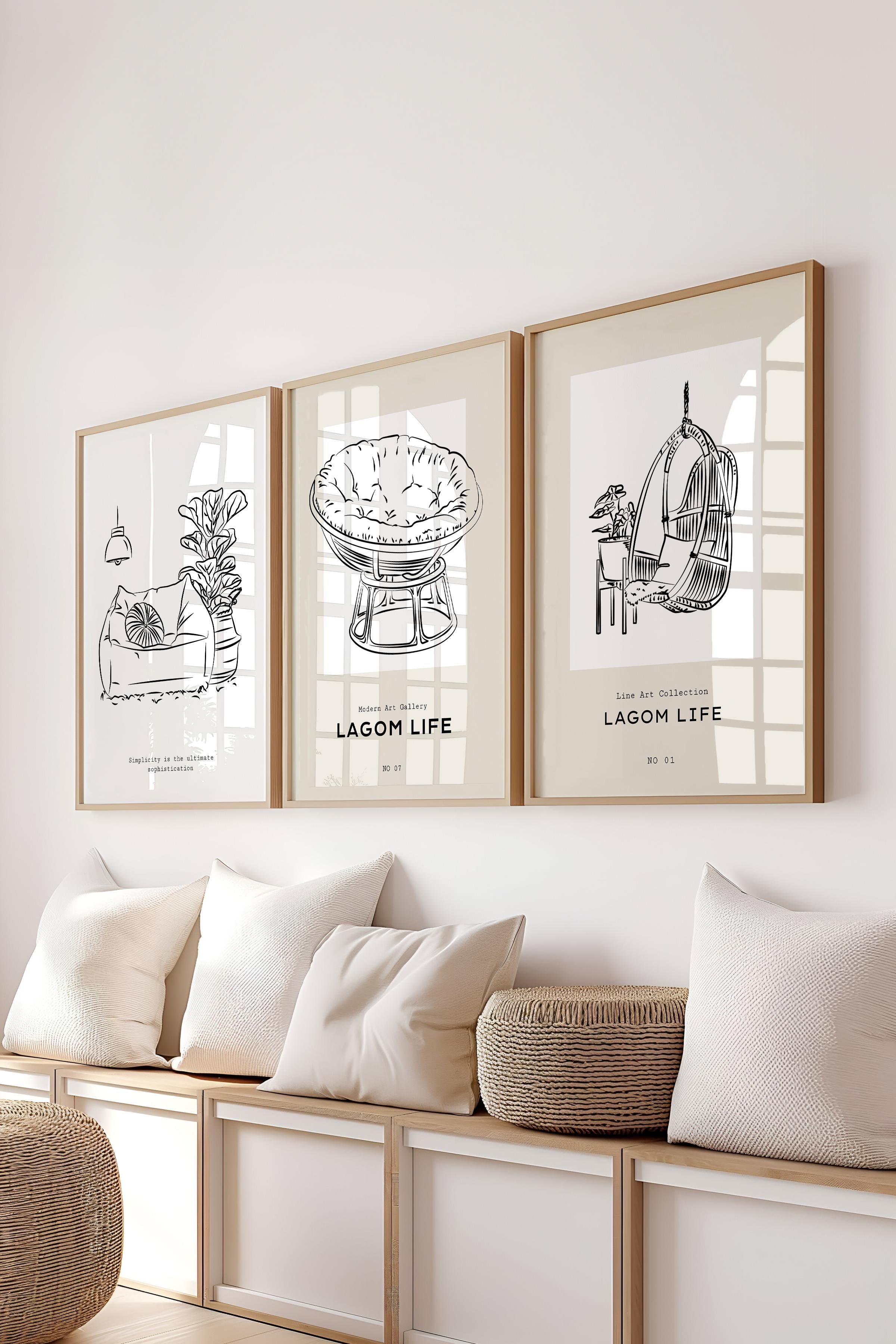 Çerçeveli Tablo Seti, 3 Adet Ahşap Çerçeve ve Minimalist Çizim Temalı Poster Seti, No:300547