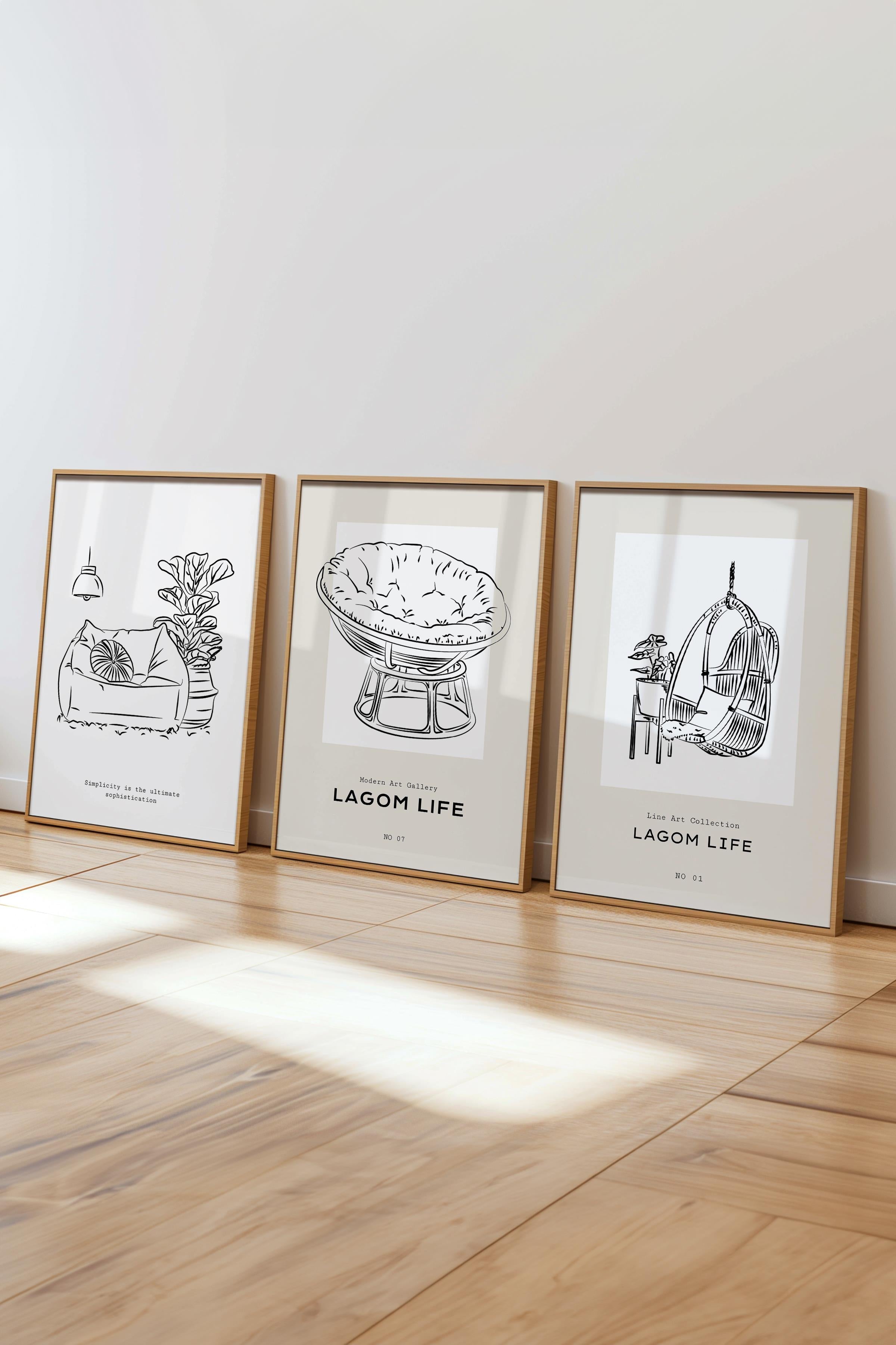 Çerçeveli Tablo Seti, 3 Adet Ahşap Çerçeve ve Minimalist Çizim Temalı Poster Seti, No:300547
