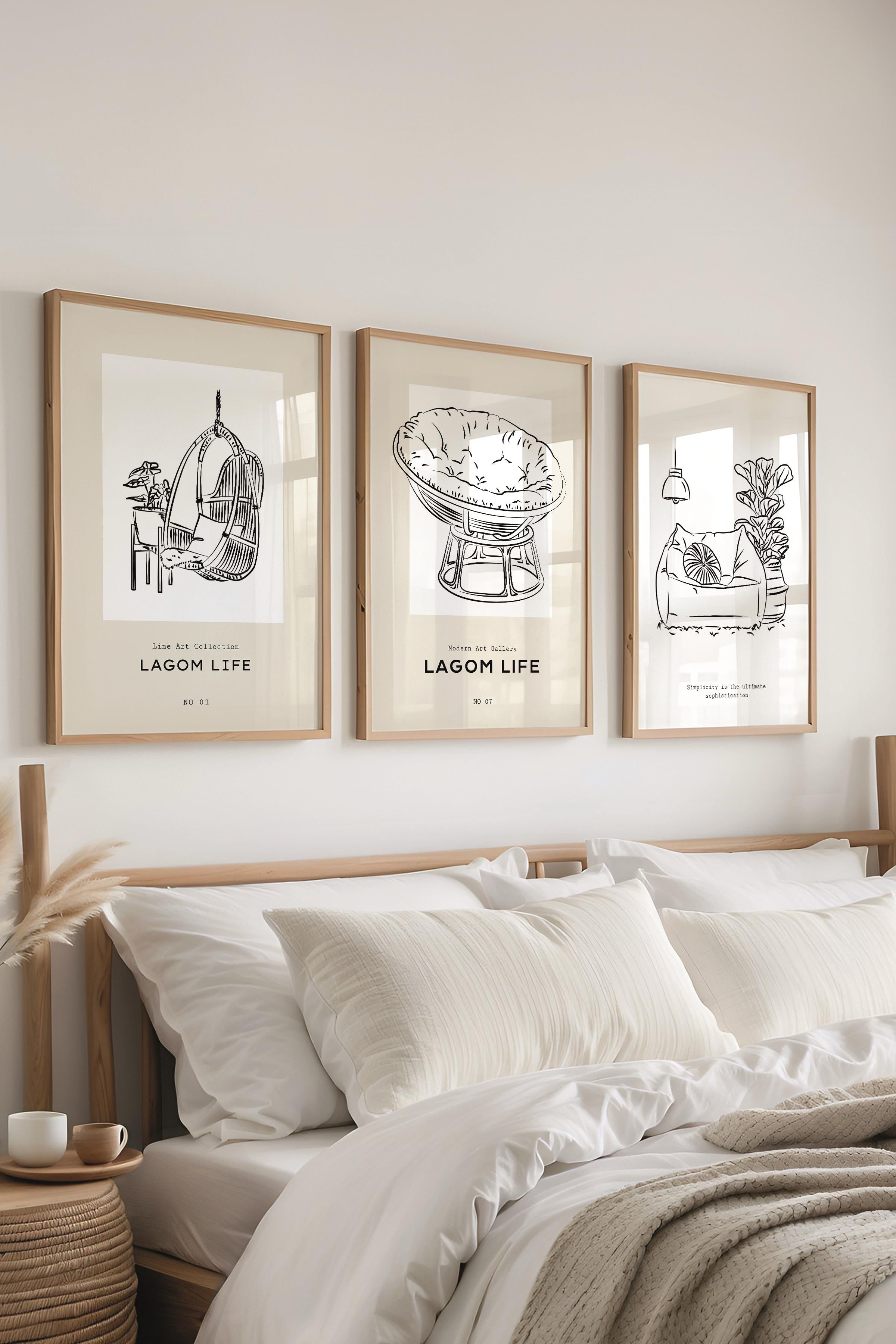 Çerçeveli Tablo Seti, 3 Adet Ahşap Çerçeve ve Minimalist Çizim Temalı Poster Seti, No:300547
