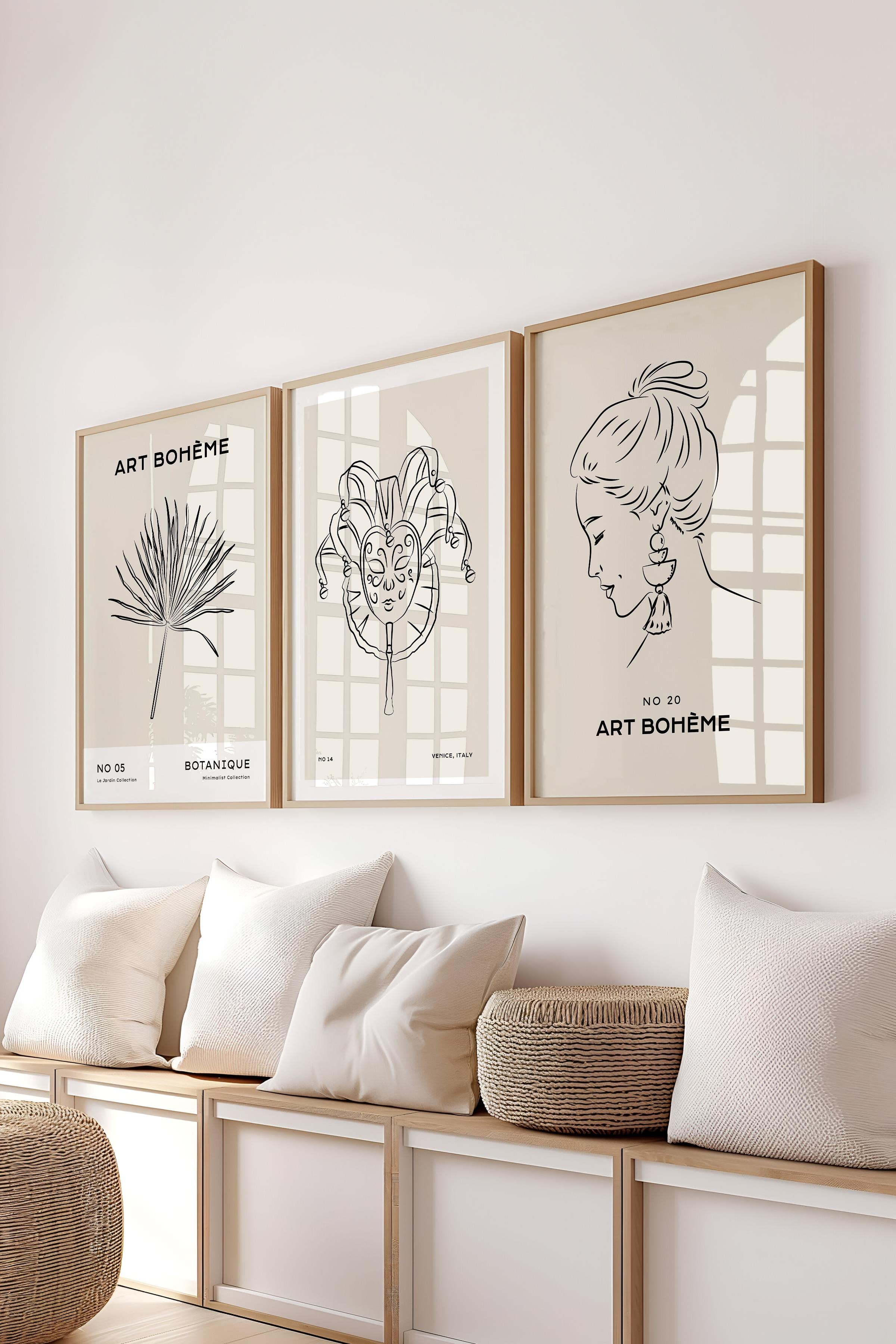 Çerçeveli Tablo Seti, 3 Adet Ahşap Çerçeve ve Minimalist Çizim Temalı Poster Seti, No:300548