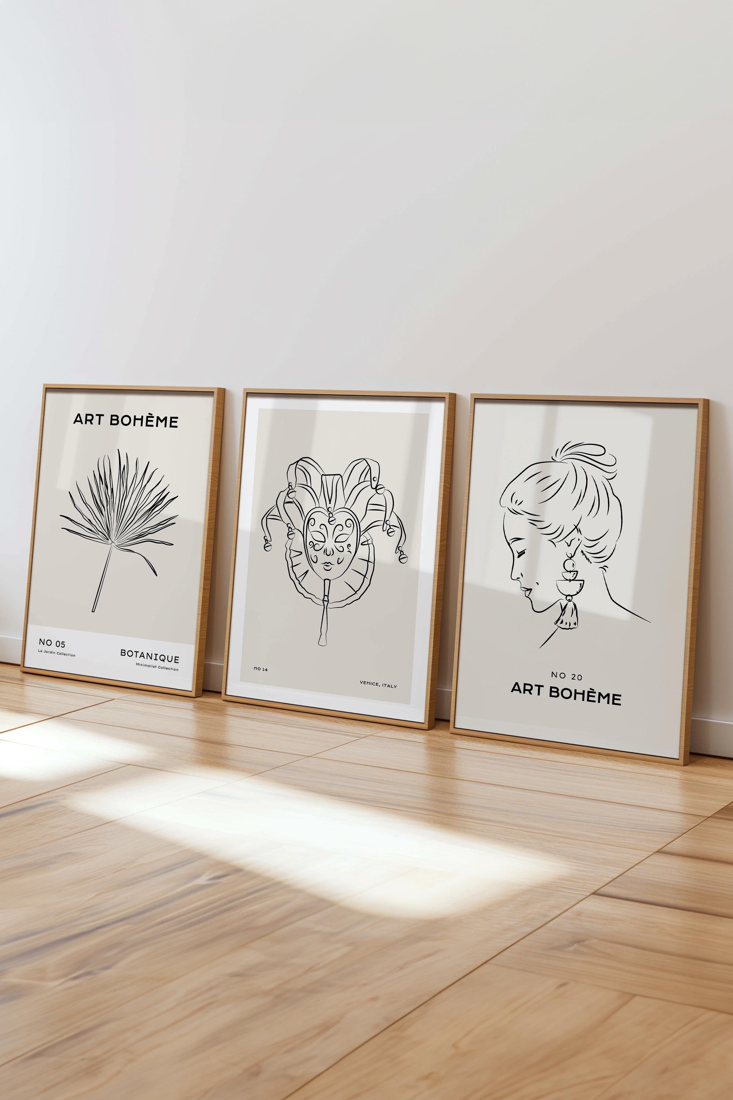 Çerçeveli Tablo Seti, 3 Adet Ahşap Çerçeve ve Minimalist Çizim Temalı Poster Seti, No:300548