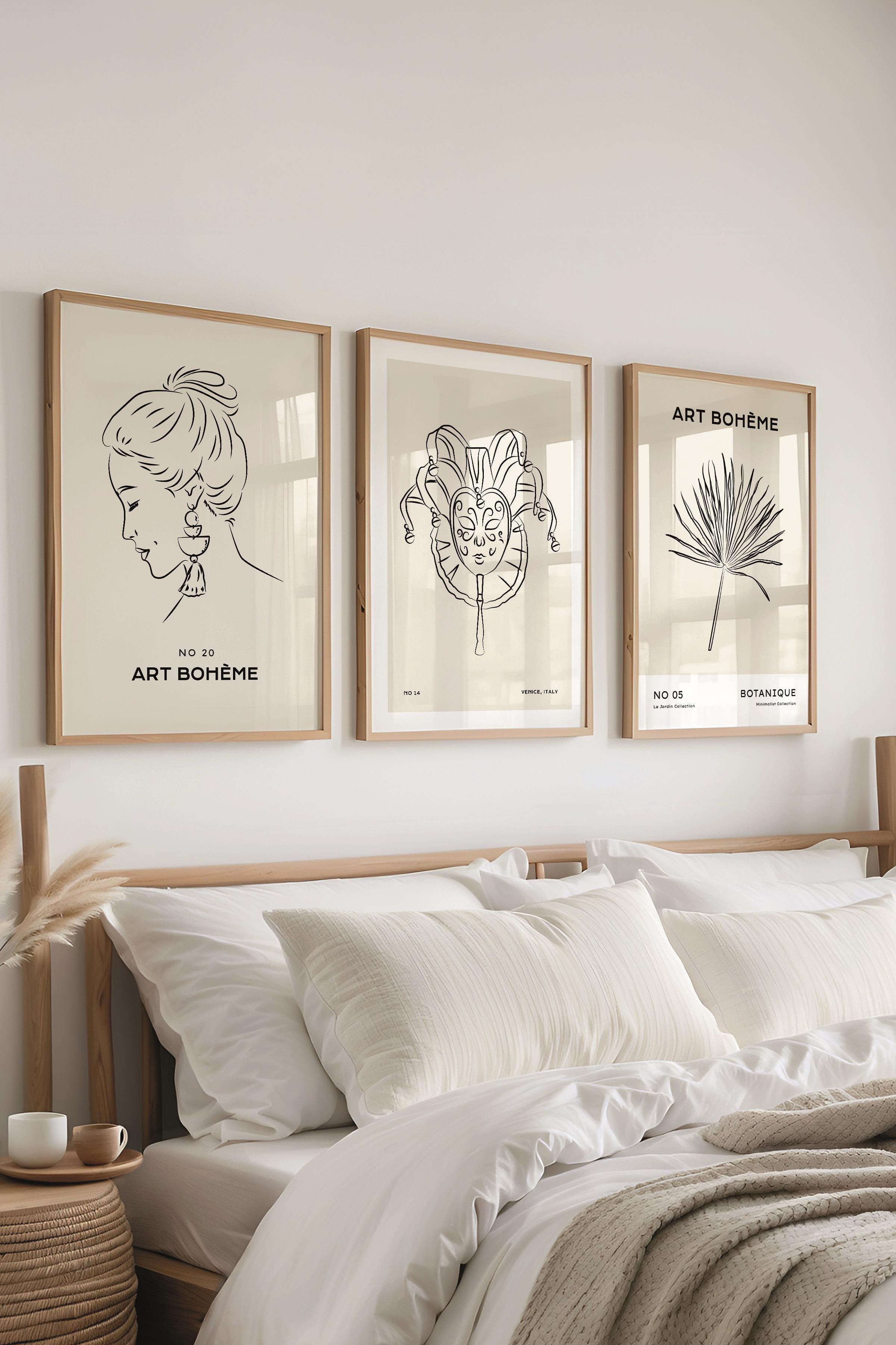 Çerçeveli Tablo Seti, 3 Adet Ahşap Çerçeve ve Minimalist Çizim Temalı Poster Seti, No:300548