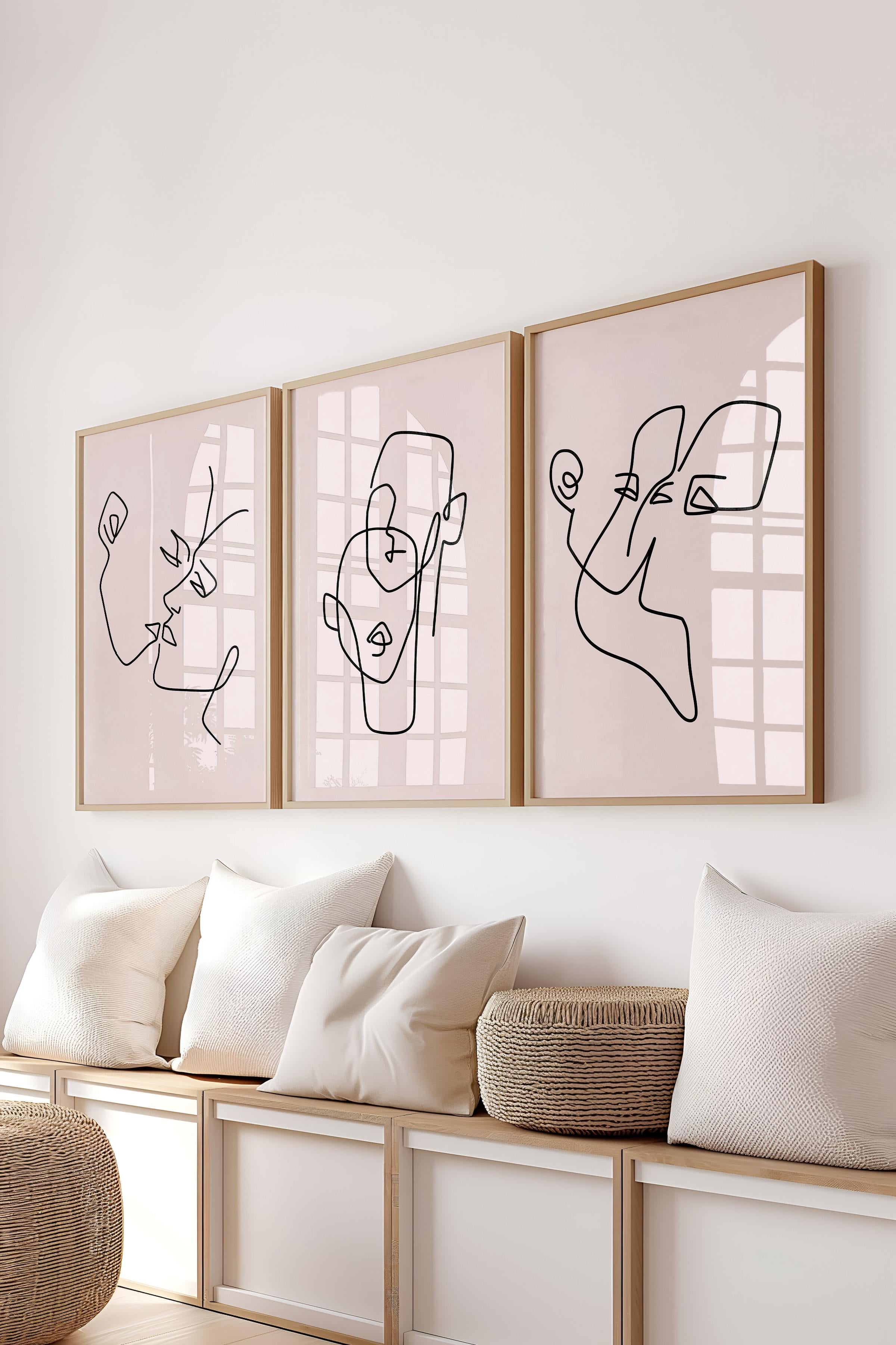 Çerçeveli Tablo Seti, 3 Adet Ahşap Çerçeve ve Minimalist Çizim Temalı Poster Seti, No:300574