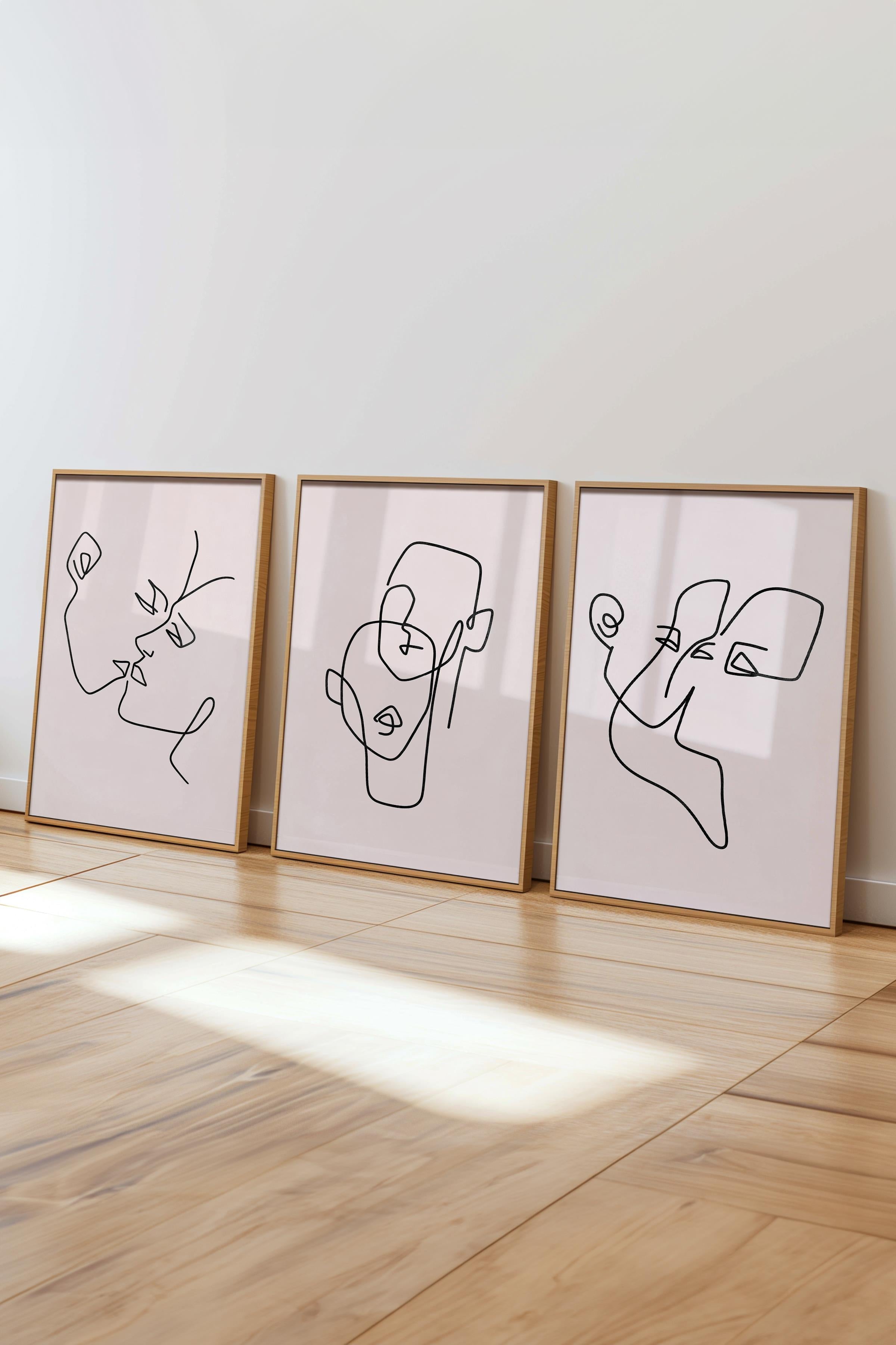Çerçeveli Tablo Seti, 3 Adet Ahşap Çerçeve ve Minimalist Çizim Temalı Poster Seti, No:300574