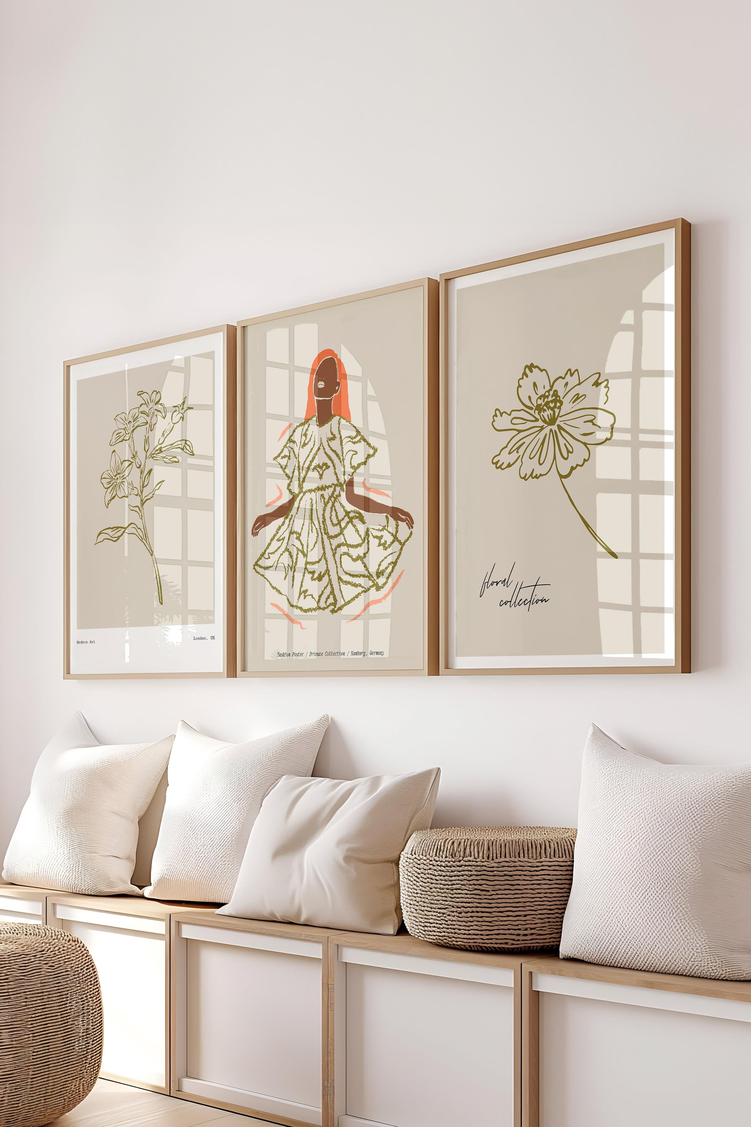 Çerçeveli Tablo Seti, 3 Adet Ahşap Çerçeve ve Minimalist Çizim Temalı Poster Seti, No:300580