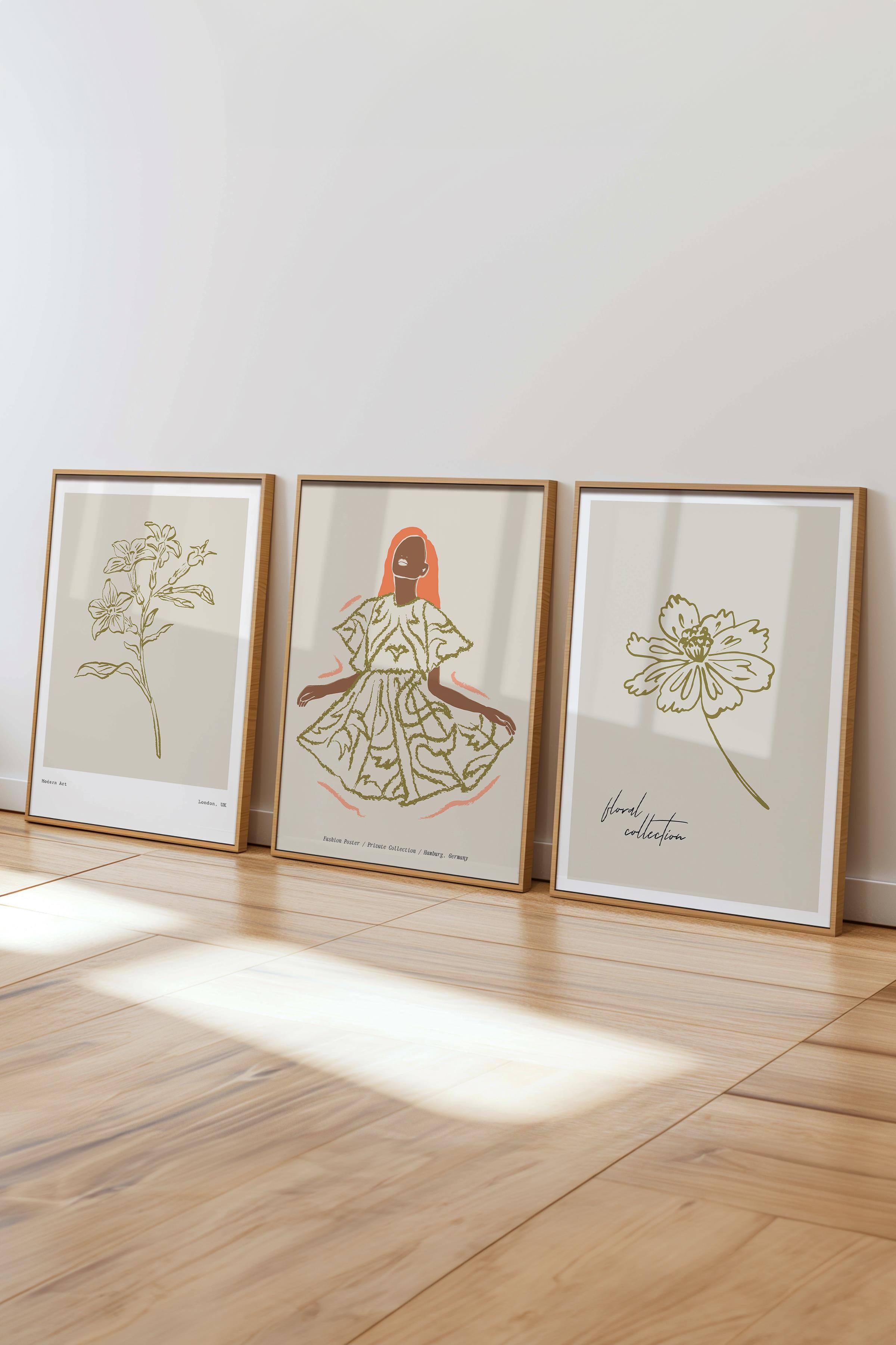 Çerçeveli Tablo Seti, 3 Adet Ahşap Çerçeve ve Minimalist Çizim Temalı Poster Seti, No:300580