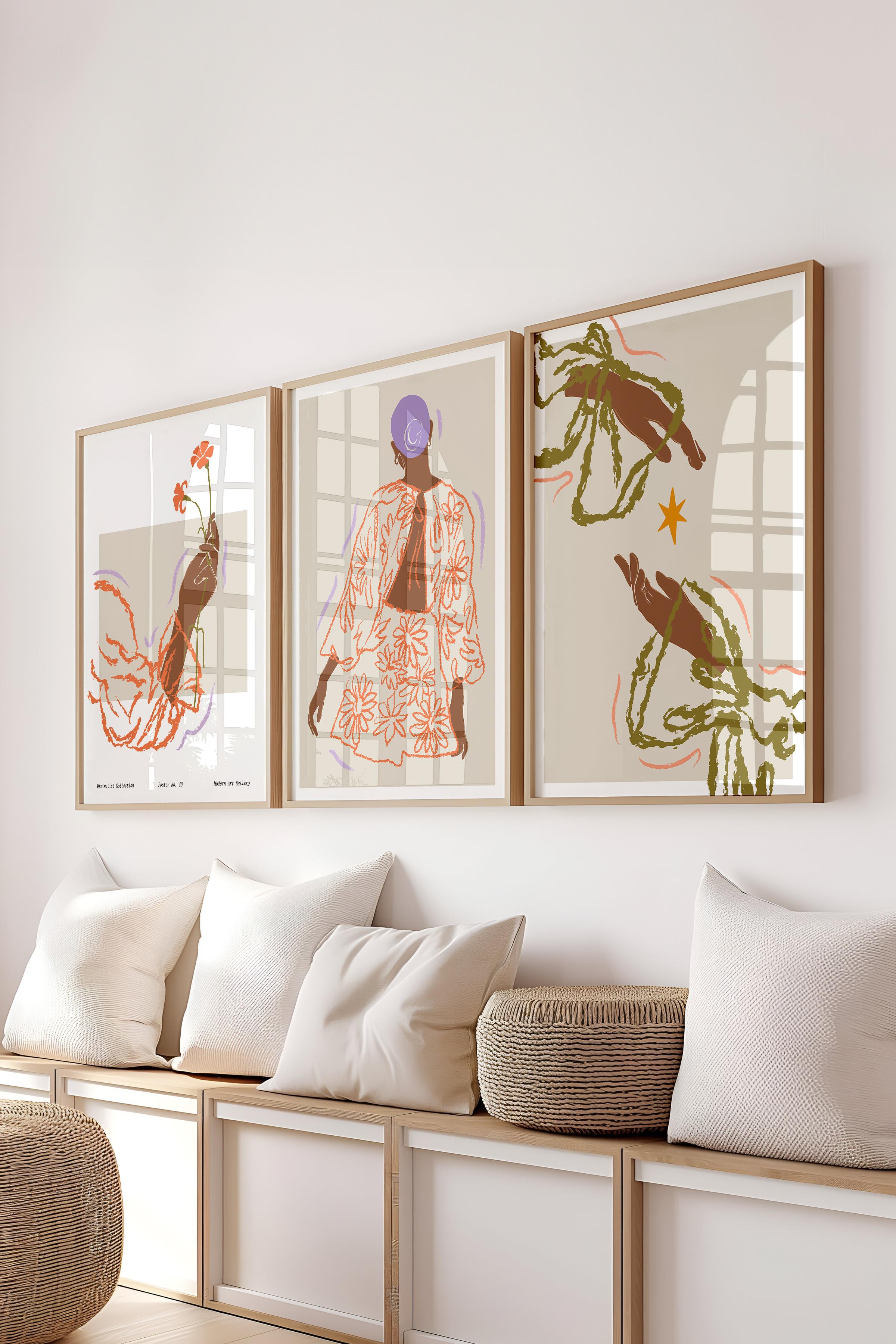 Çerçeveli Tablo Seti, 3 Adet Ahşap Çerçeve ve Minimalist Çizim Temalı Poster Seti, No:300582