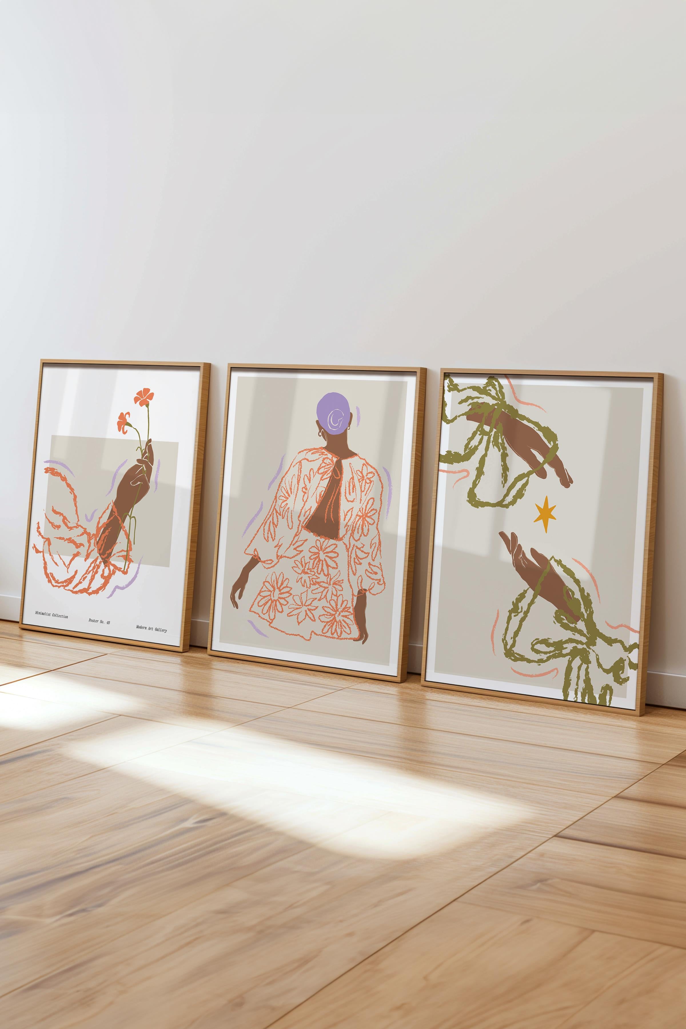 Çerçeveli Tablo Seti, 3 Adet Ahşap Çerçeve ve Minimalist Çizim Temalı Poster Seti, No:300582