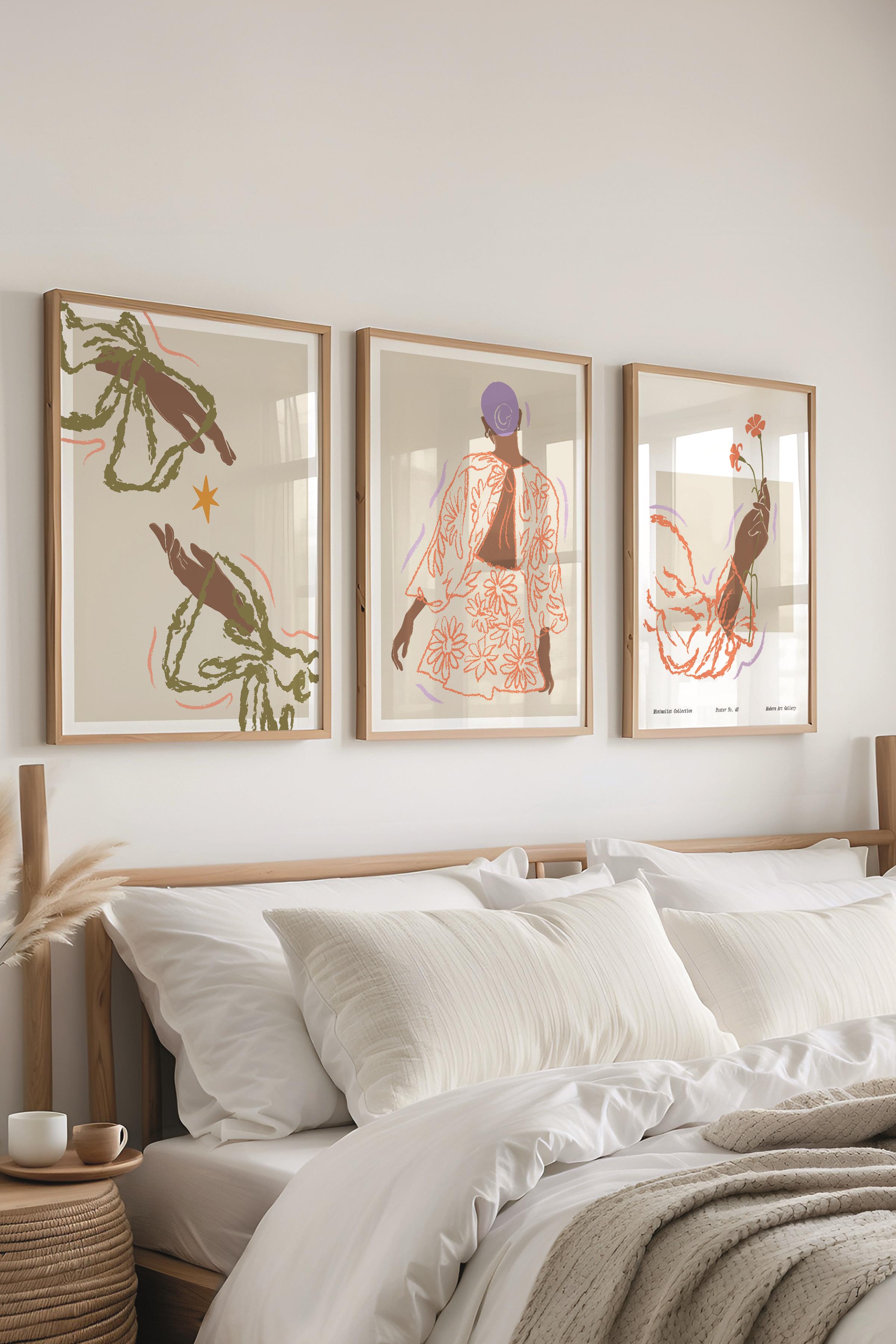 Çerçeveli Tablo Seti, 3 Adet Ahşap Çerçeve ve Minimalist Çizim Temalı Poster Seti, No:300582