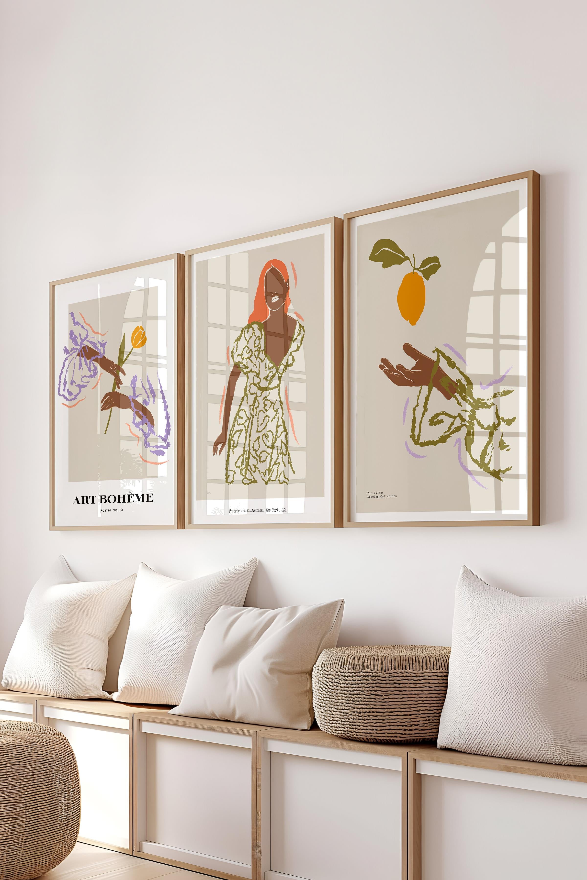 Çerçeveli Tablo Seti, 3 Adet Ahşap Çerçeve ve Minimalist Çizim Temalı Poster Seti, No:300583