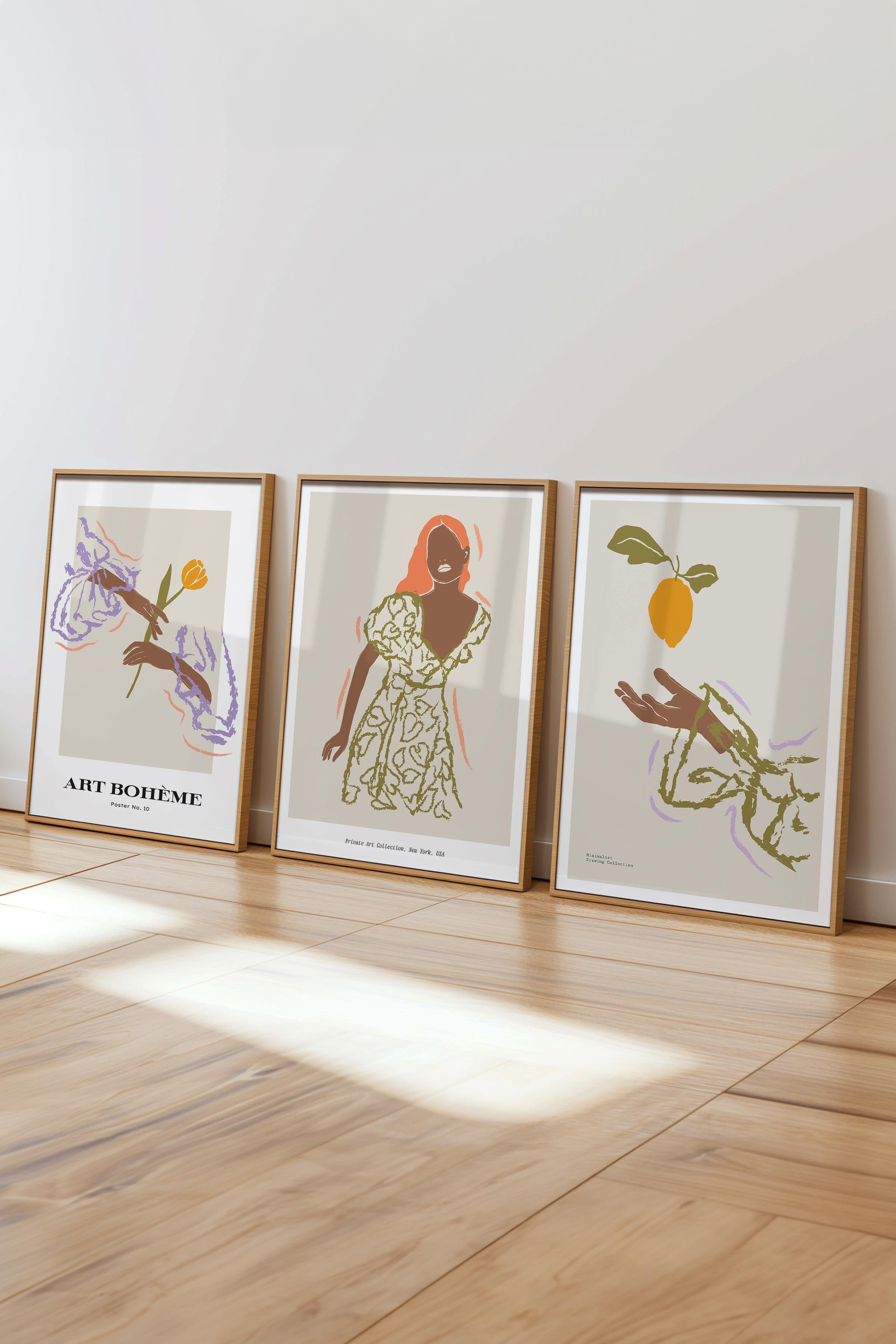Çerçeveli Tablo Seti, 3 Adet Ahşap Çerçeve ve Minimalist Çizim Temalı Poster Seti, No:300583