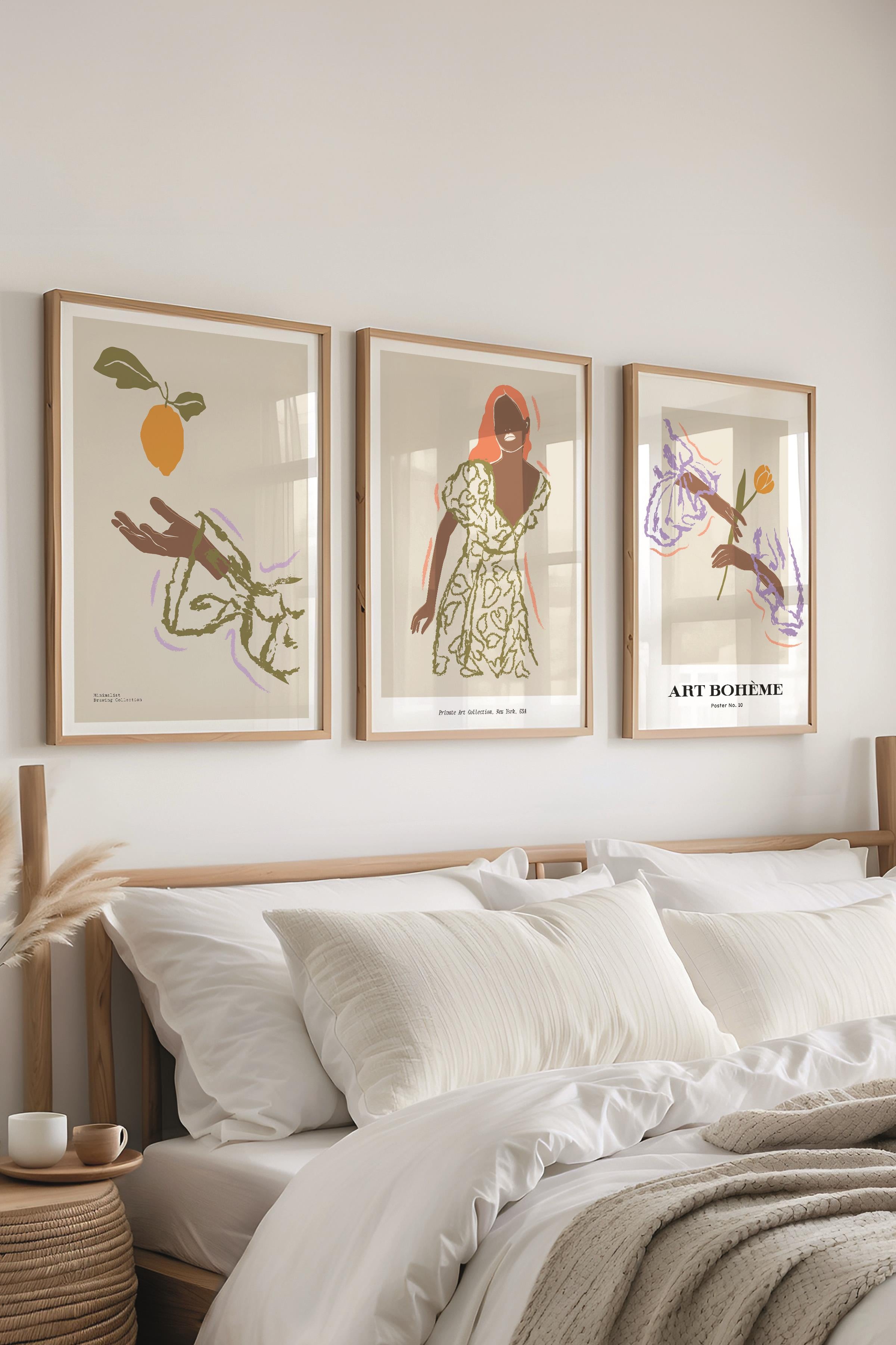 Çerçeveli Tablo Seti, 3 Adet Ahşap Çerçeve ve Minimalist Çizim Temalı Poster Seti, No:300583
