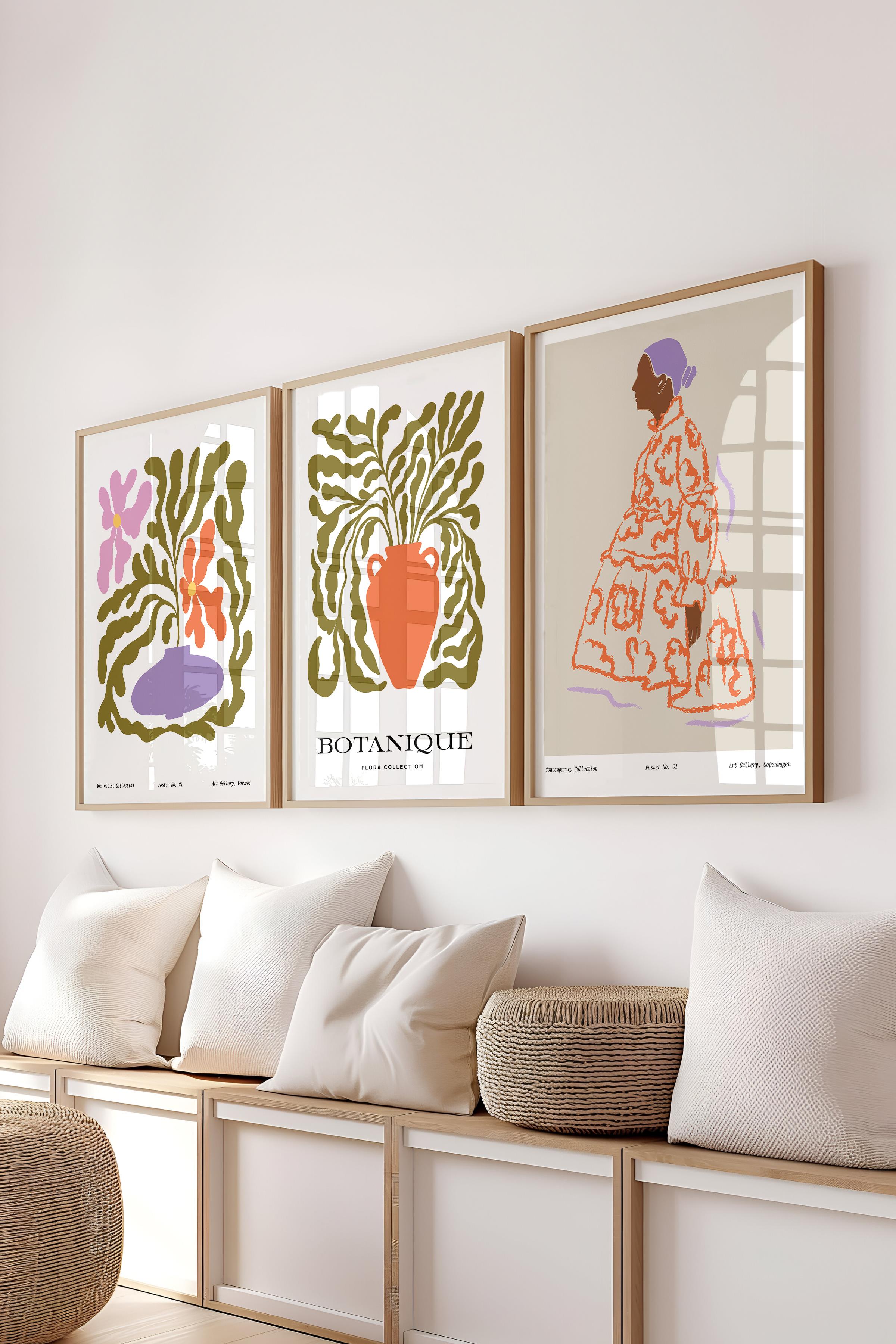 Çerçeveli Tablo Seti, 3 Adet Ahşap Çerçeve ve Minimalist Çizim Temalı Poster Seti, No:300584