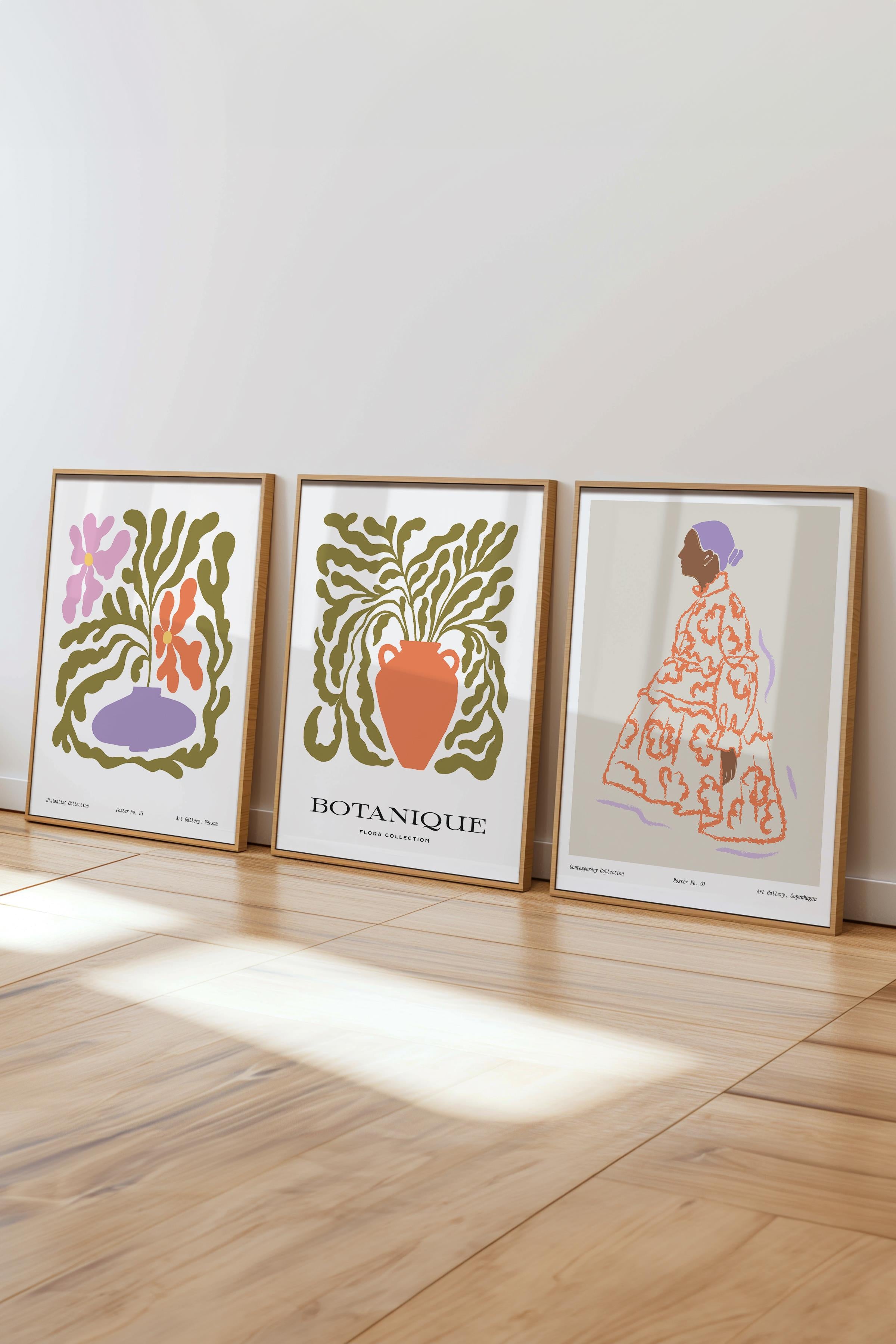 Çerçeveli Tablo Seti, 3 Adet Ahşap Çerçeve ve Minimalist Çizim Temalı Poster Seti, No:300584