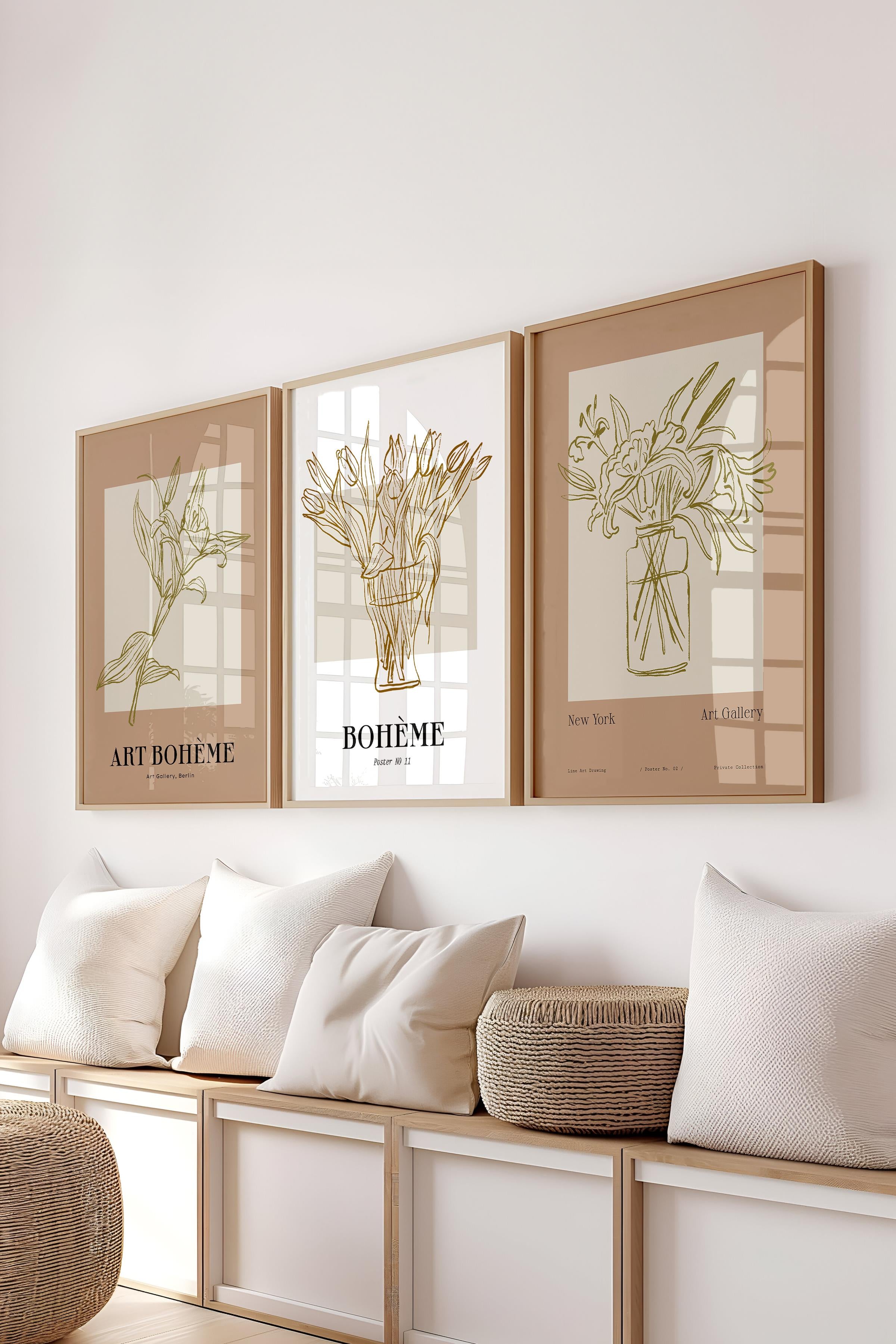 Çerçeveli Tablo Seti, 3 Adet Ahşap Çerçeve ve Minimalist Çizim Temalı Poster Seti, No:300585
