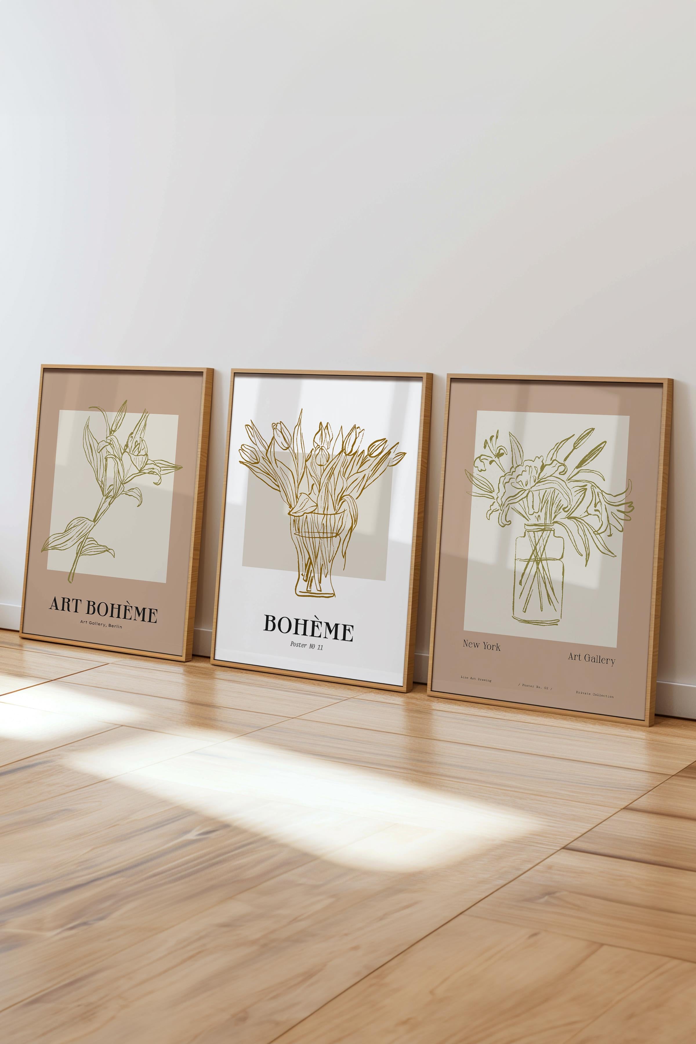 Çerçeveli Tablo Seti, 3 Adet Ahşap Çerçeve ve Minimalist Çizim Temalı Poster Seti, No:300585
