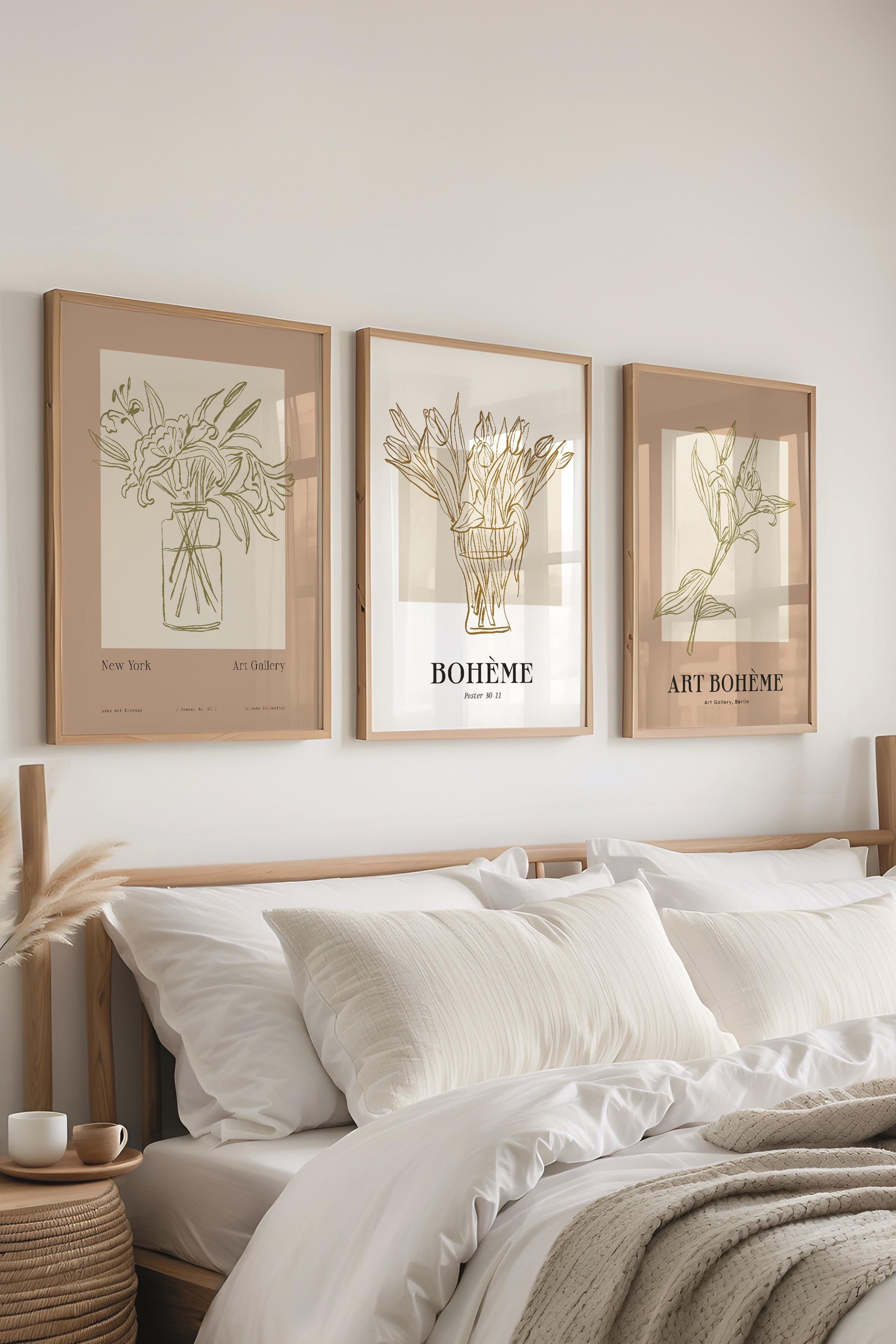 Çerçeveli Tablo Seti, 3 Adet Ahşap Çerçeve ve Minimalist Çizim Temalı Poster Seti, No:300585