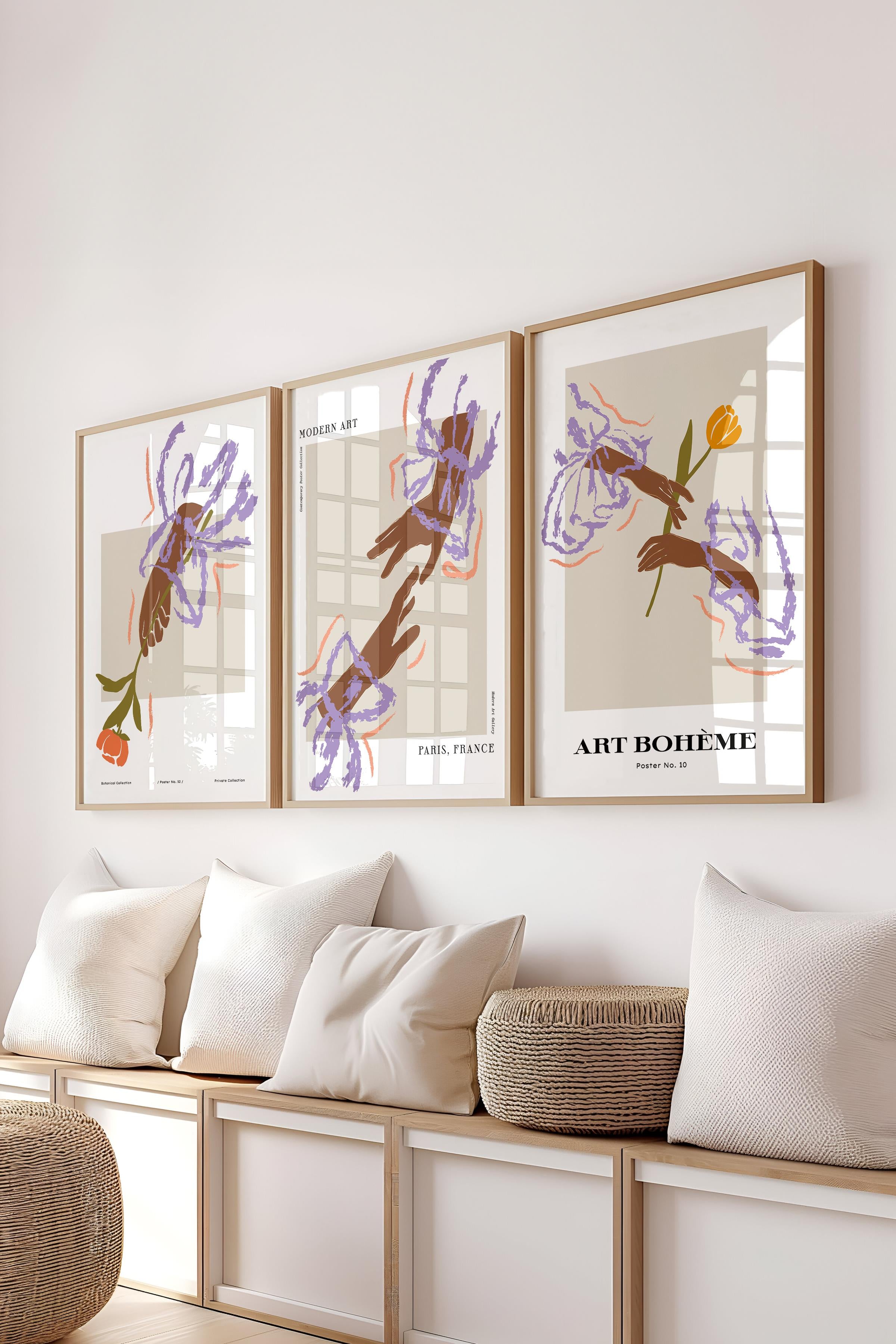 Çerçeveli Tablo Seti, 3 Adet Ahşap Çerçeve ve Minimalist Çizim Temalı Poster Seti, No:300587