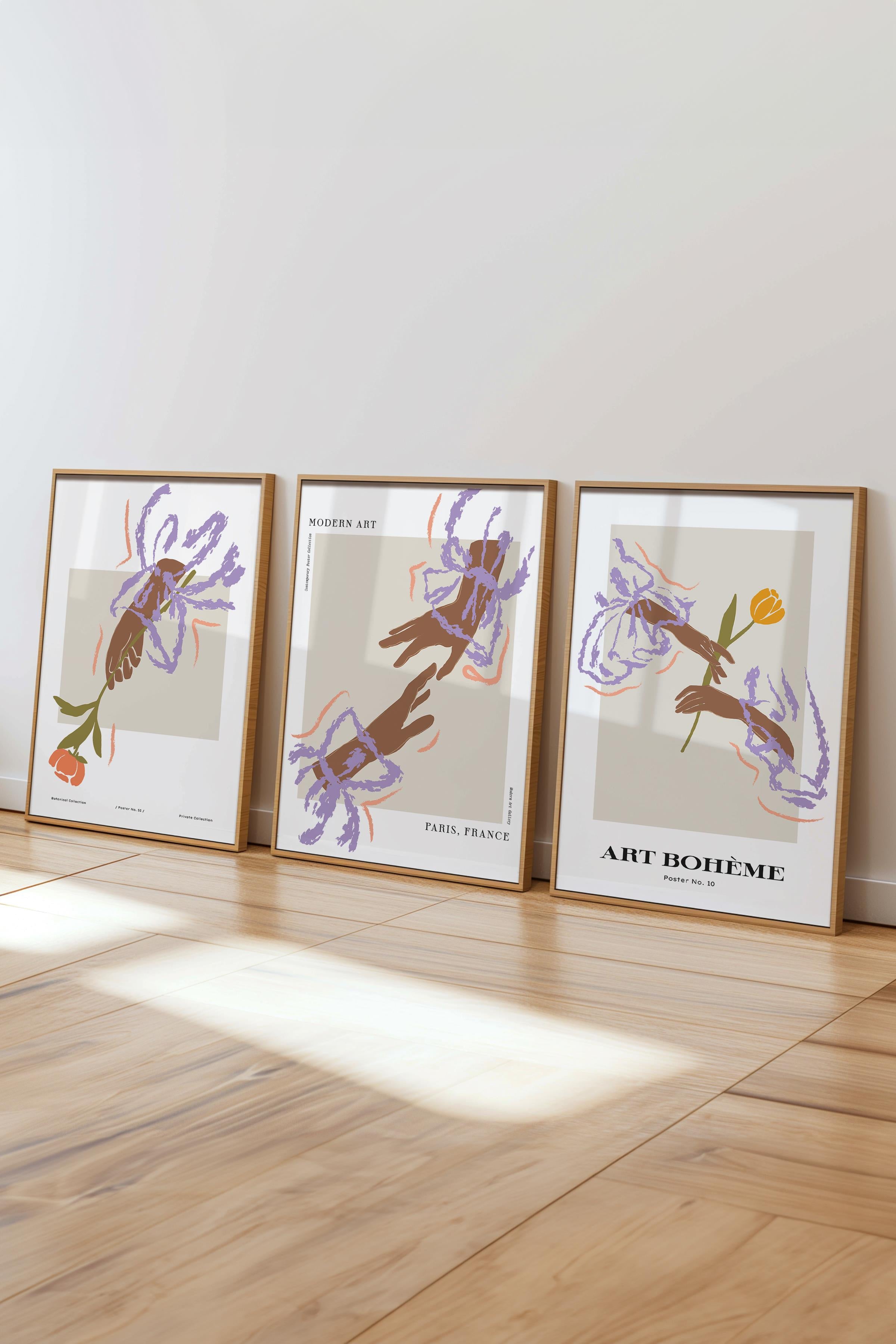 Çerçeveli Tablo Seti, 3 Adet Ahşap Çerçeve ve Minimalist Çizim Temalı Poster Seti, No:300587