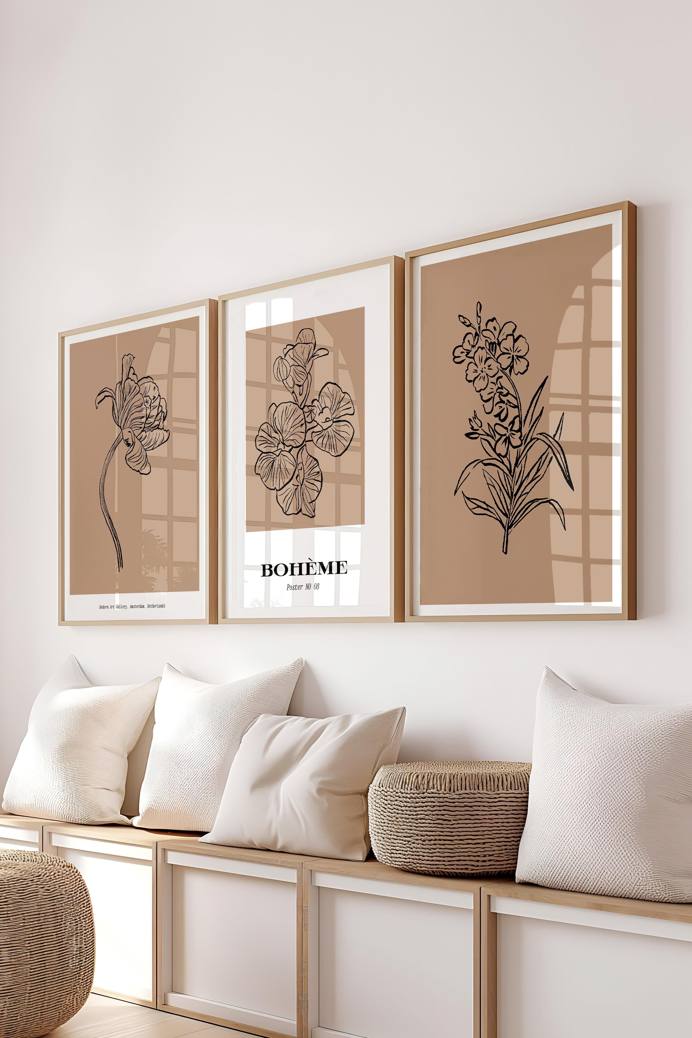 Çerçeveli Tablo Seti, 3 Adet Ahşap Çerçeve ve Minimalist Çizim Temalı Poster Seti, No:300588