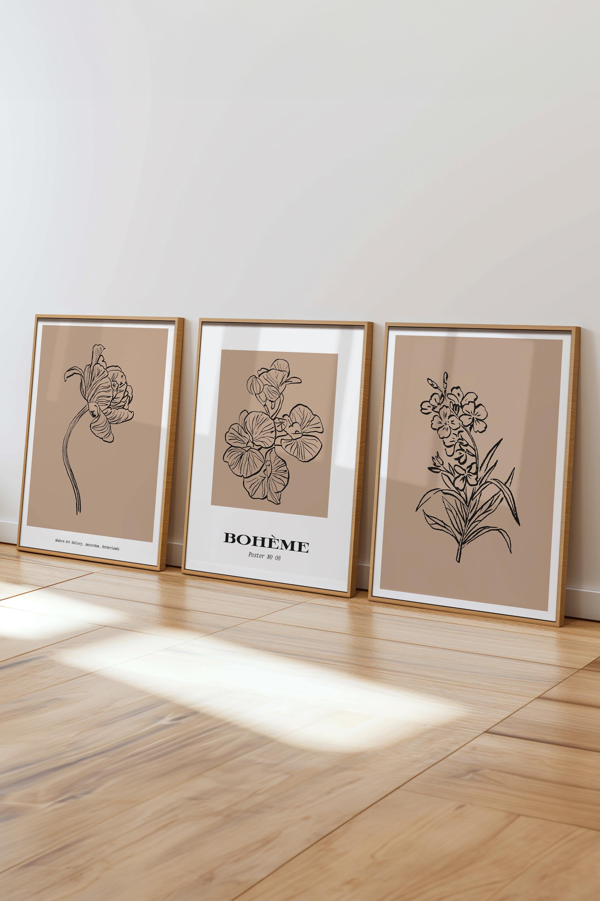 Çerçeveli Tablo Seti, 3 Adet Ahşap Çerçeve ve Minimalist Çizim Temalı Poster Seti, No:300588