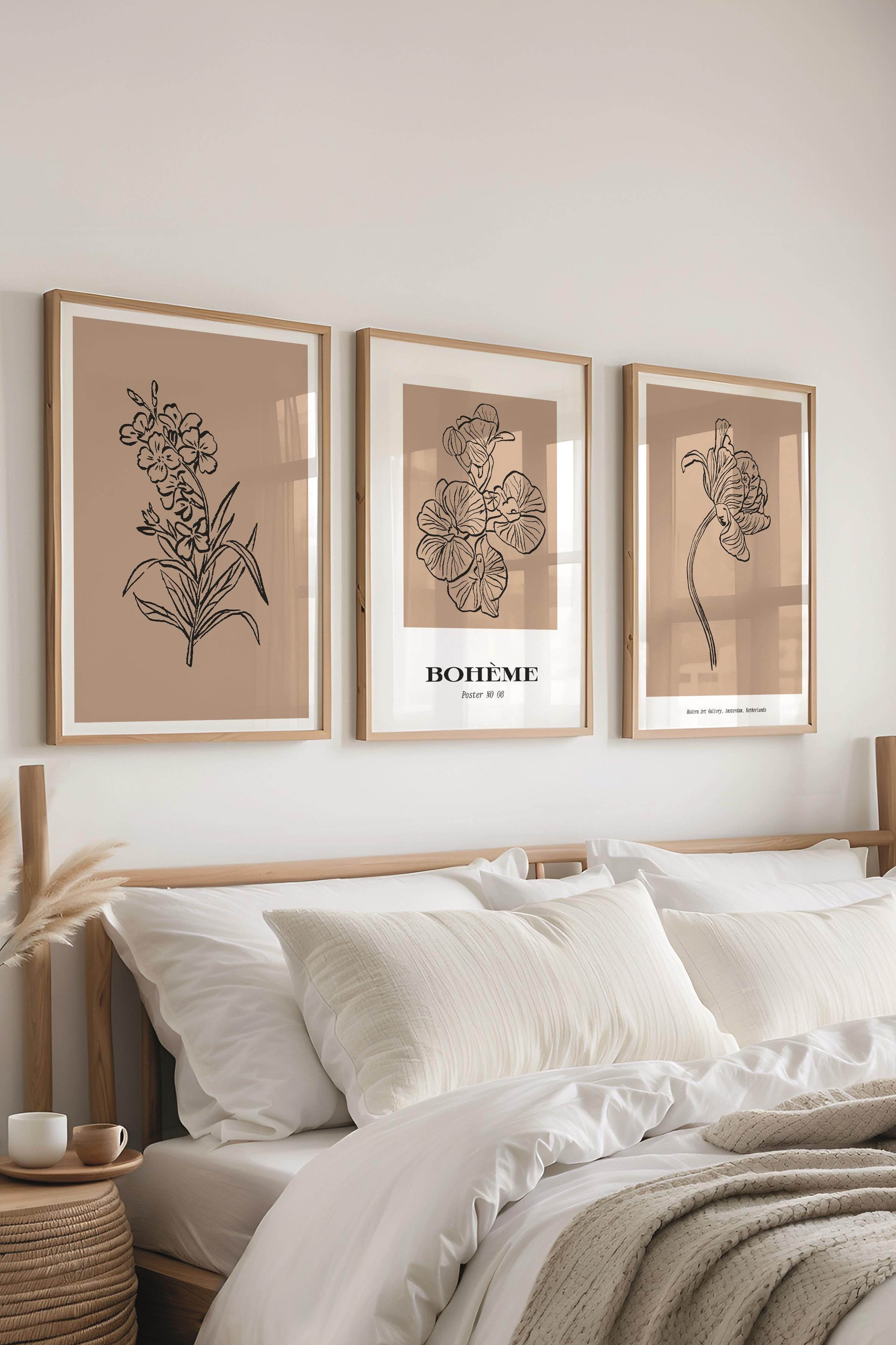 Çerçeveli Tablo Seti, 3 Adet Ahşap Çerçeve ve Minimalist Çizim Temalı Poster Seti, No:300588