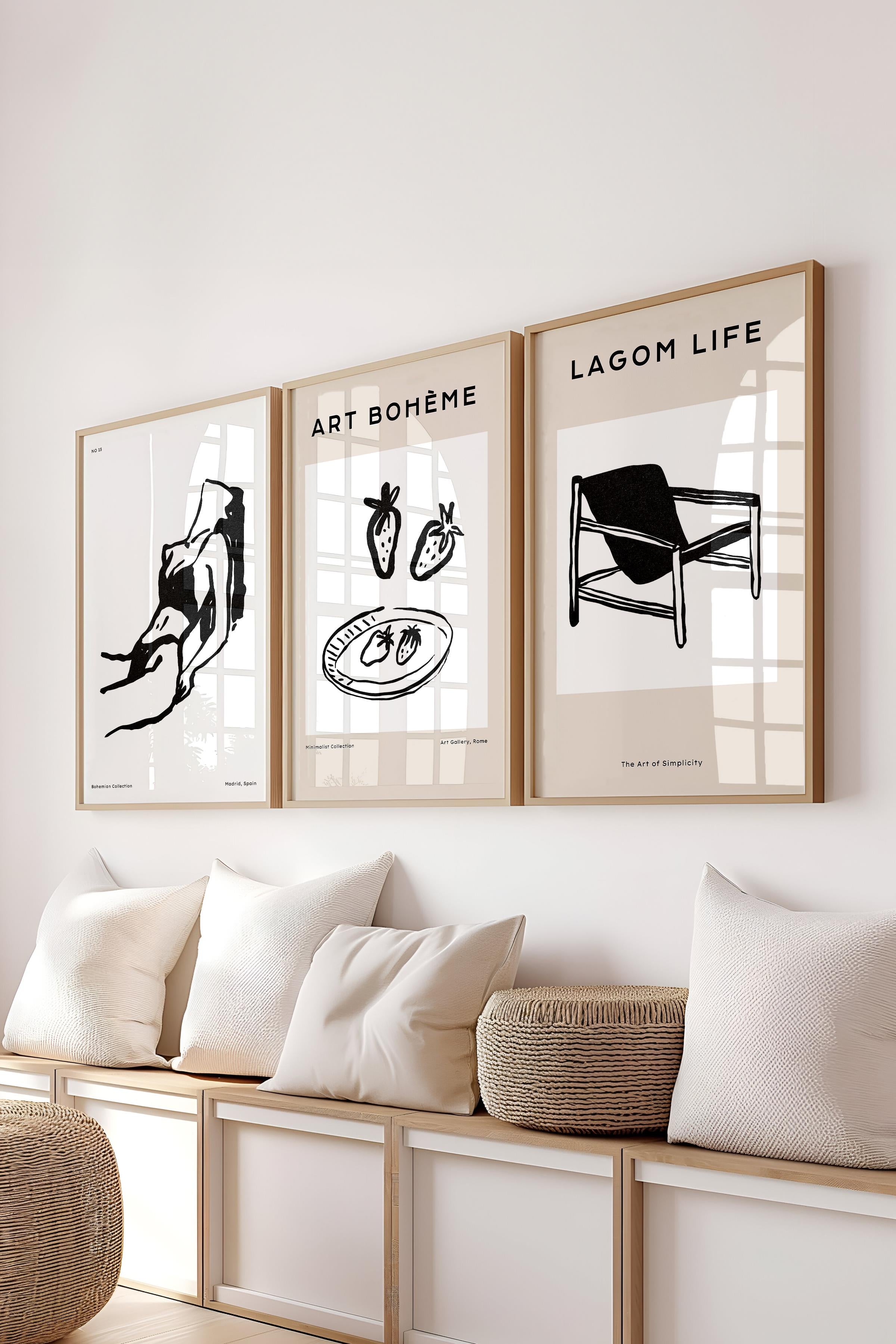 Çerçeveli Tablo Seti, 3 Adet Ahşap Çerçeve ve Minimalist Çizim Temalı Poster Seti, No:300589
