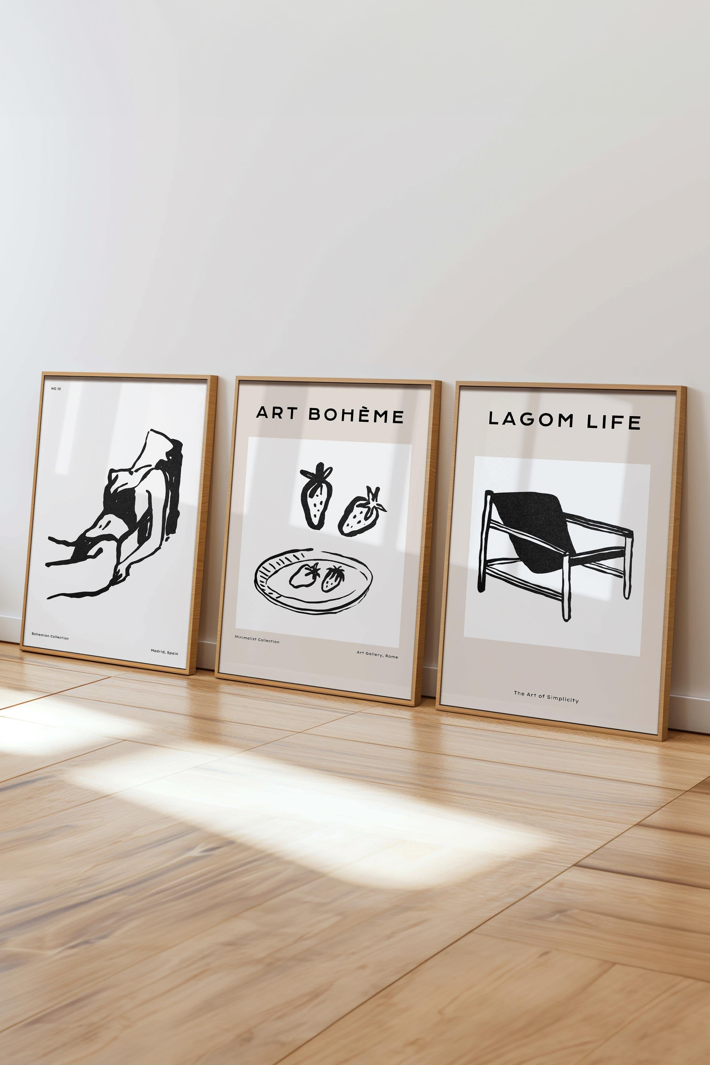 Çerçeveli Tablo Seti, 3 Adet Ahşap Çerçeve ve Minimalist Çizim Temalı Poster Seti, No:300589