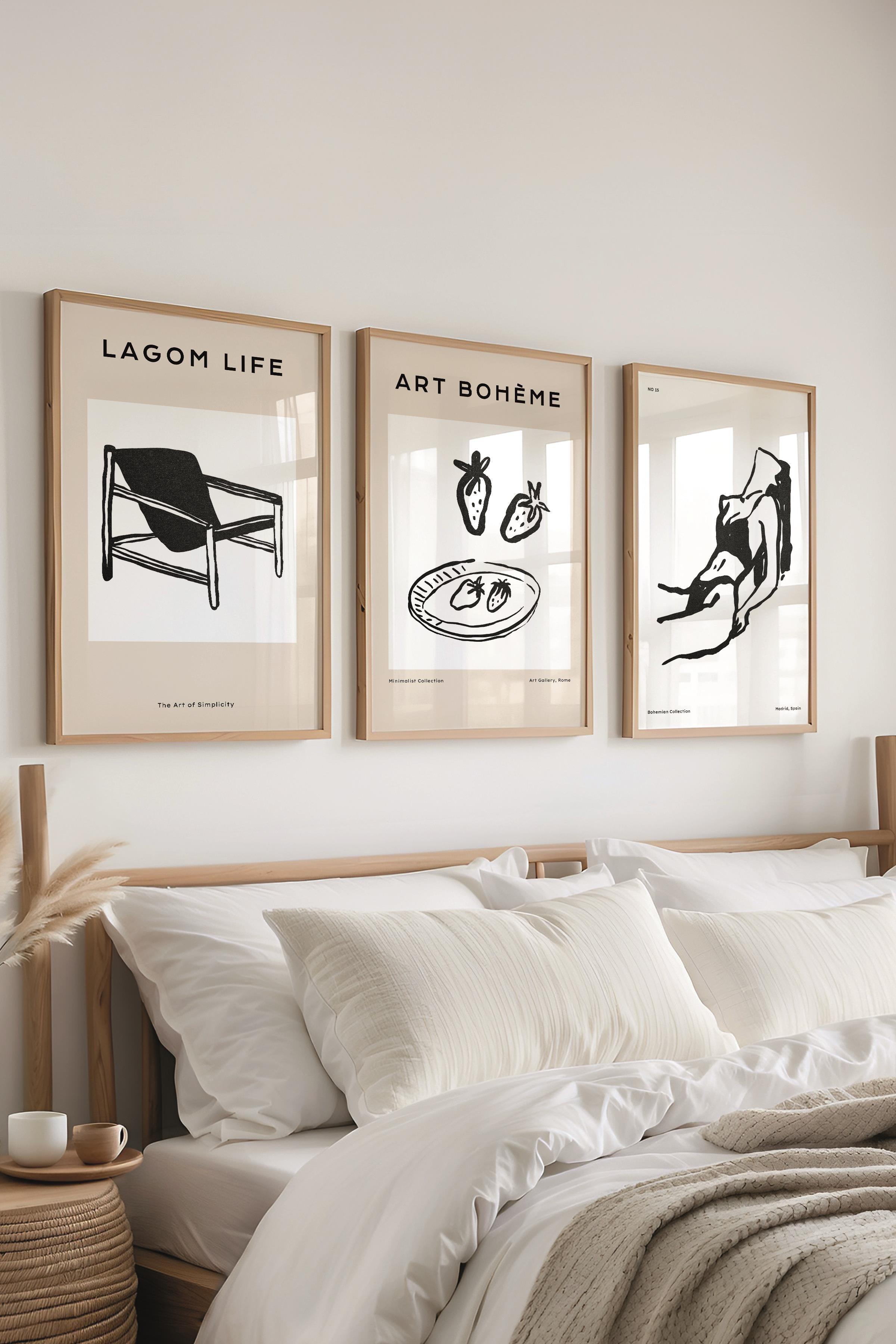 Çerçeveli Tablo Seti, 3 Adet Ahşap Çerçeve ve Minimalist Çizim Temalı Poster Seti, No:300589