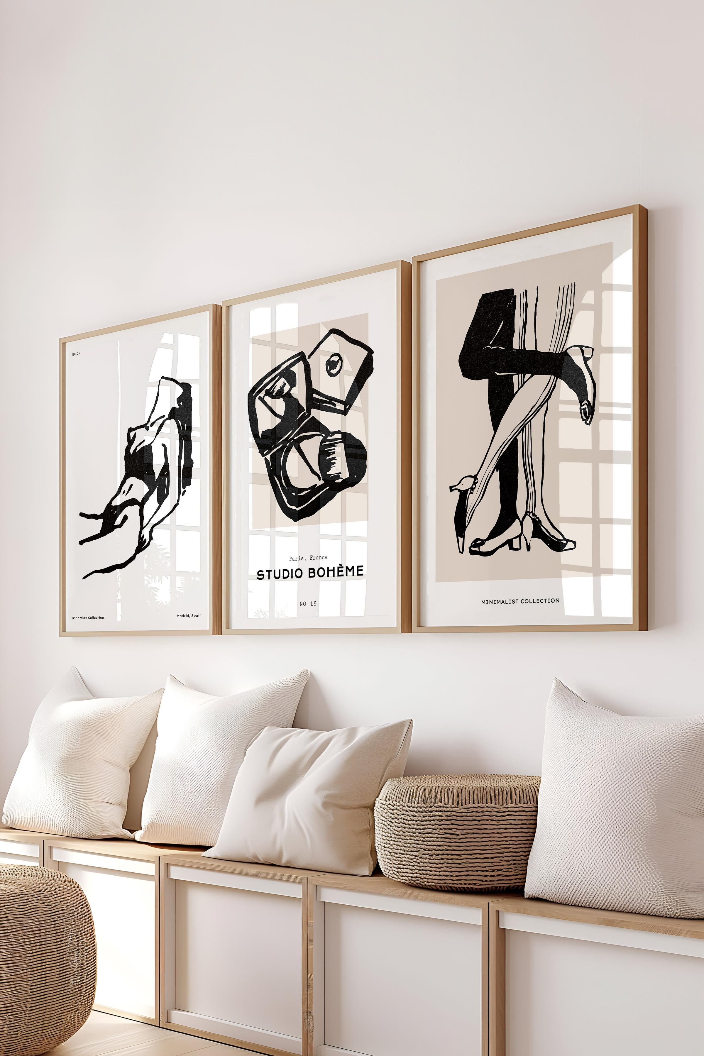 Çerçeveli Tablo Seti, 3 Adet Ahşap Çerçeve ve Minimalist Çizim Temalı Poster Seti, No:300590