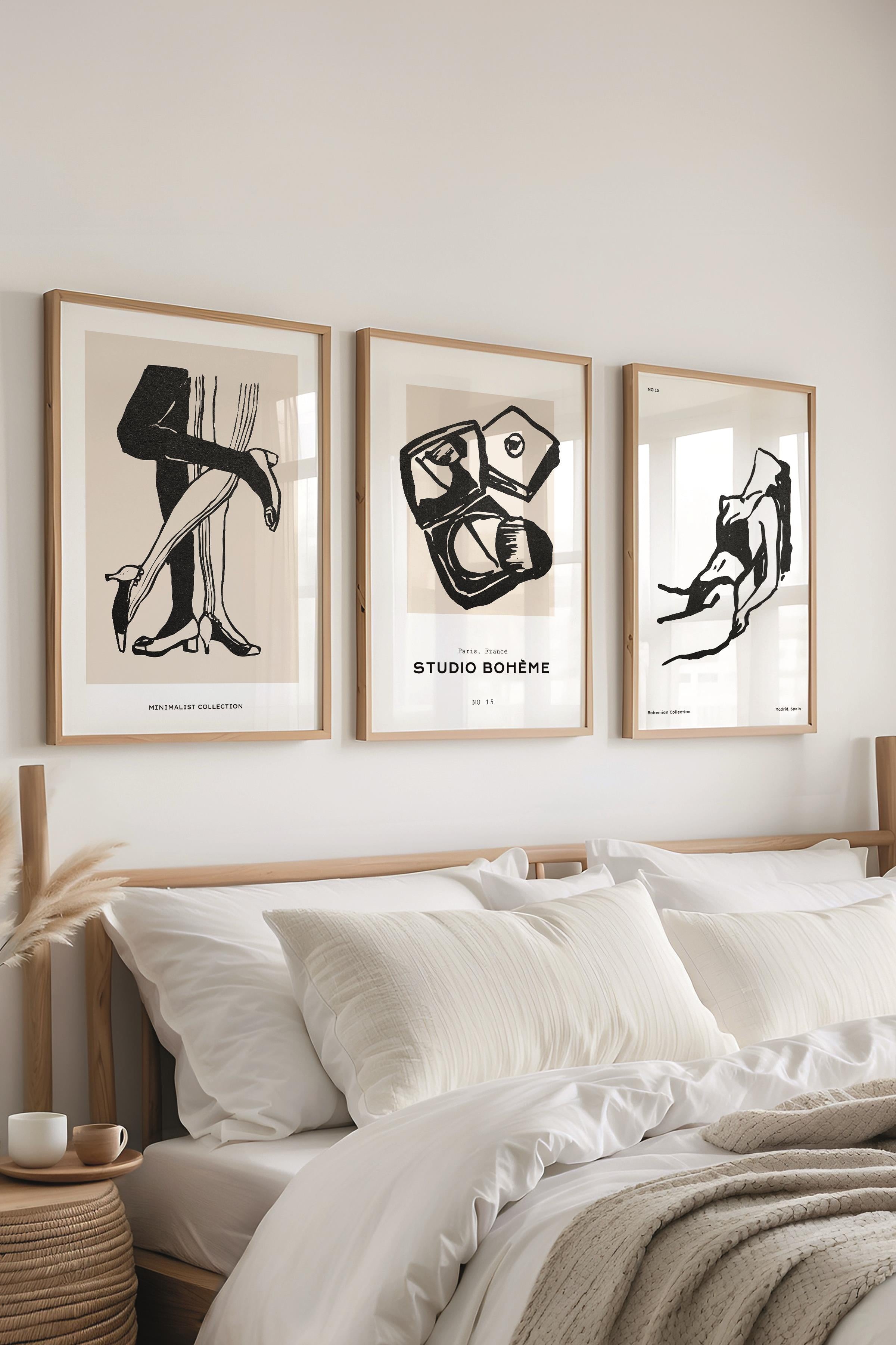 Çerçeveli Tablo Seti, 3 Adet Ahşap Çerçeve ve Minimalist Çizim Temalı Poster Seti, No:300590