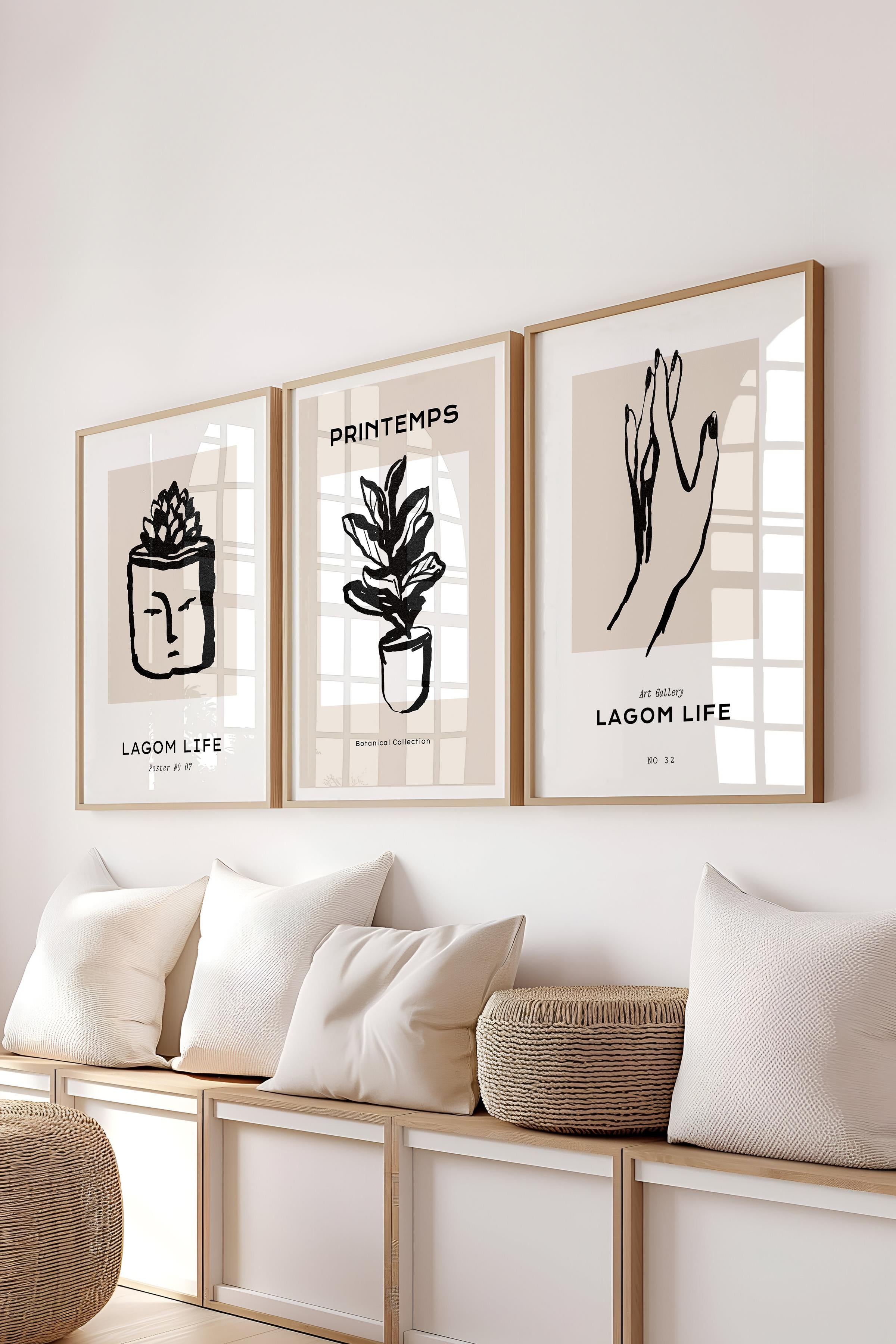 Çerçeveli Tablo Seti, 3 Adet Ahşap Çerçeve ve Minimalist Çizim Temalı Poster Seti, No:300591