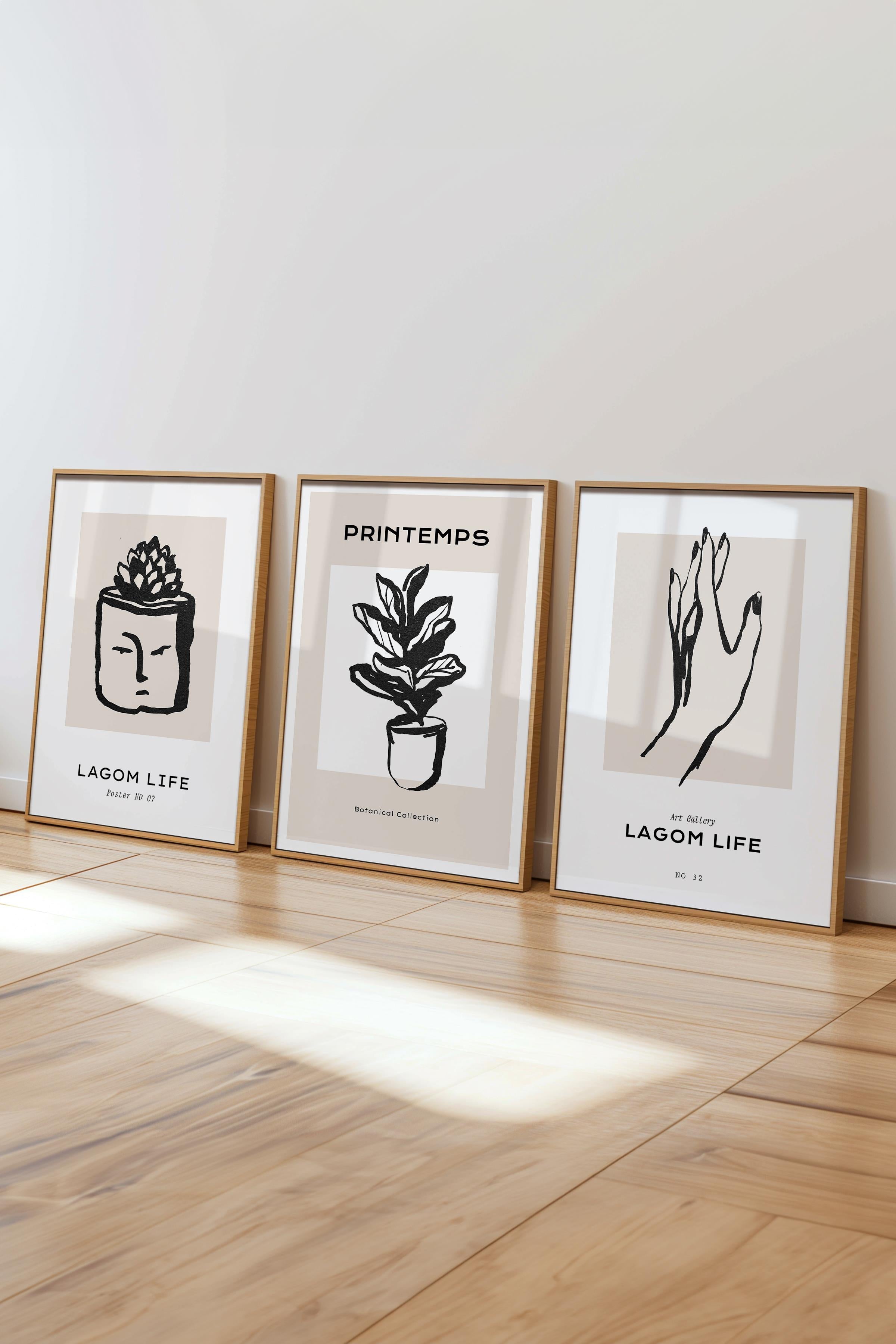 Çerçeveli Tablo Seti, 3 Adet Ahşap Çerçeve ve Minimalist Çizim Temalı Poster Seti, No:300591