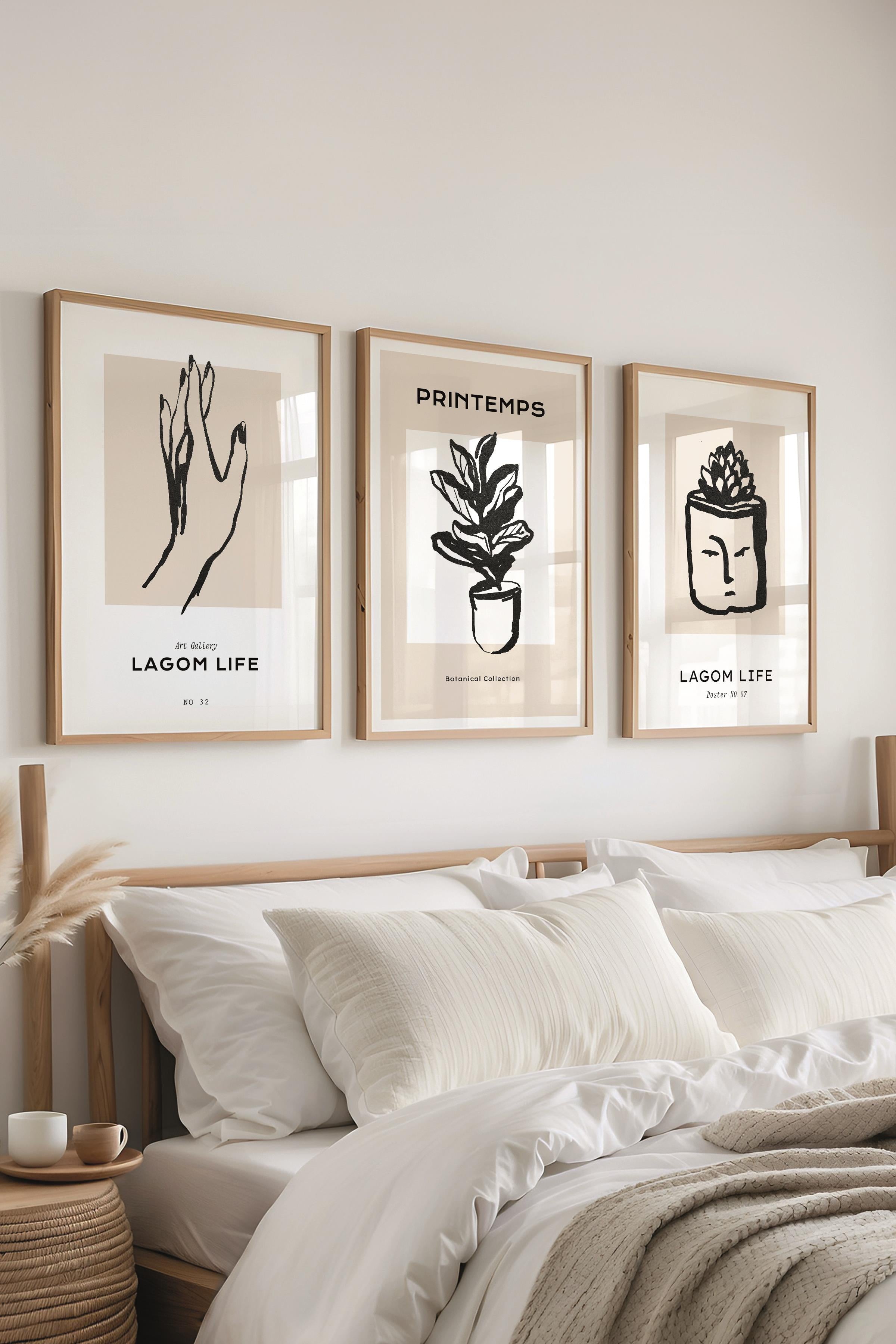 Çerçeveli Tablo Seti, 3 Adet Ahşap Çerçeve ve Minimalist Çizim Temalı Poster Seti, No:300591