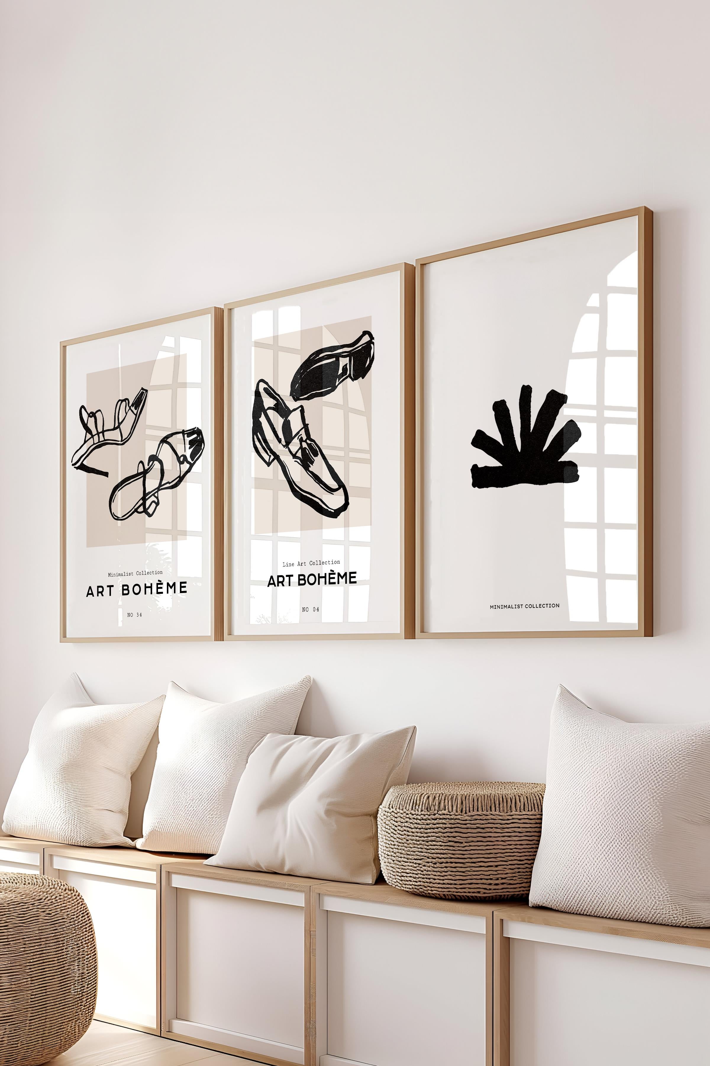 Çerçeveli Tablo Seti, 3 Adet Ahşap Çerçeve ve Minimalist Çizim Temalı Poster Seti, No:300592