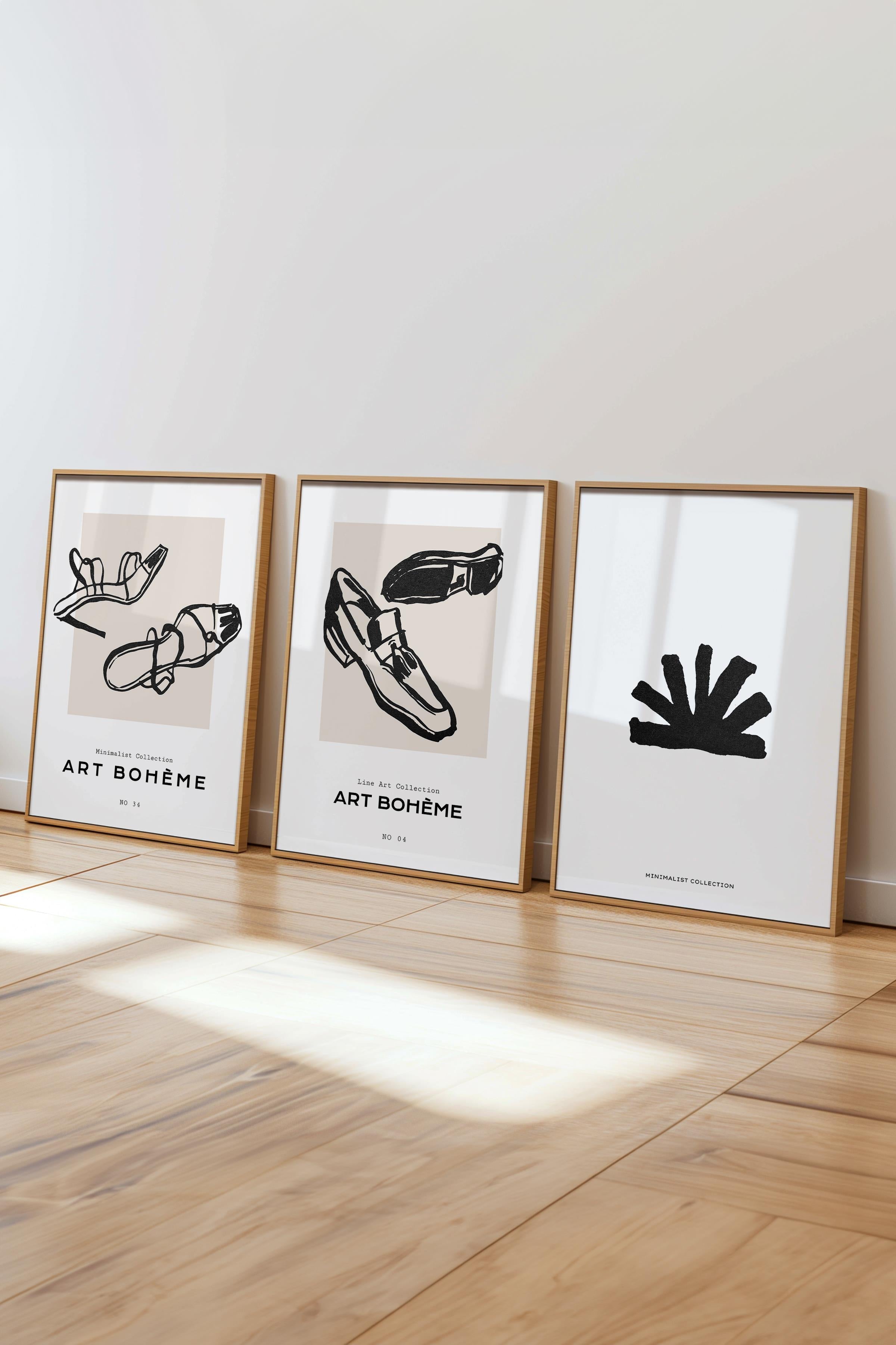 Çerçeveli Tablo Seti, 3 Adet Ahşap Çerçeve ve Minimalist Çizim Temalı Poster Seti, No:300592